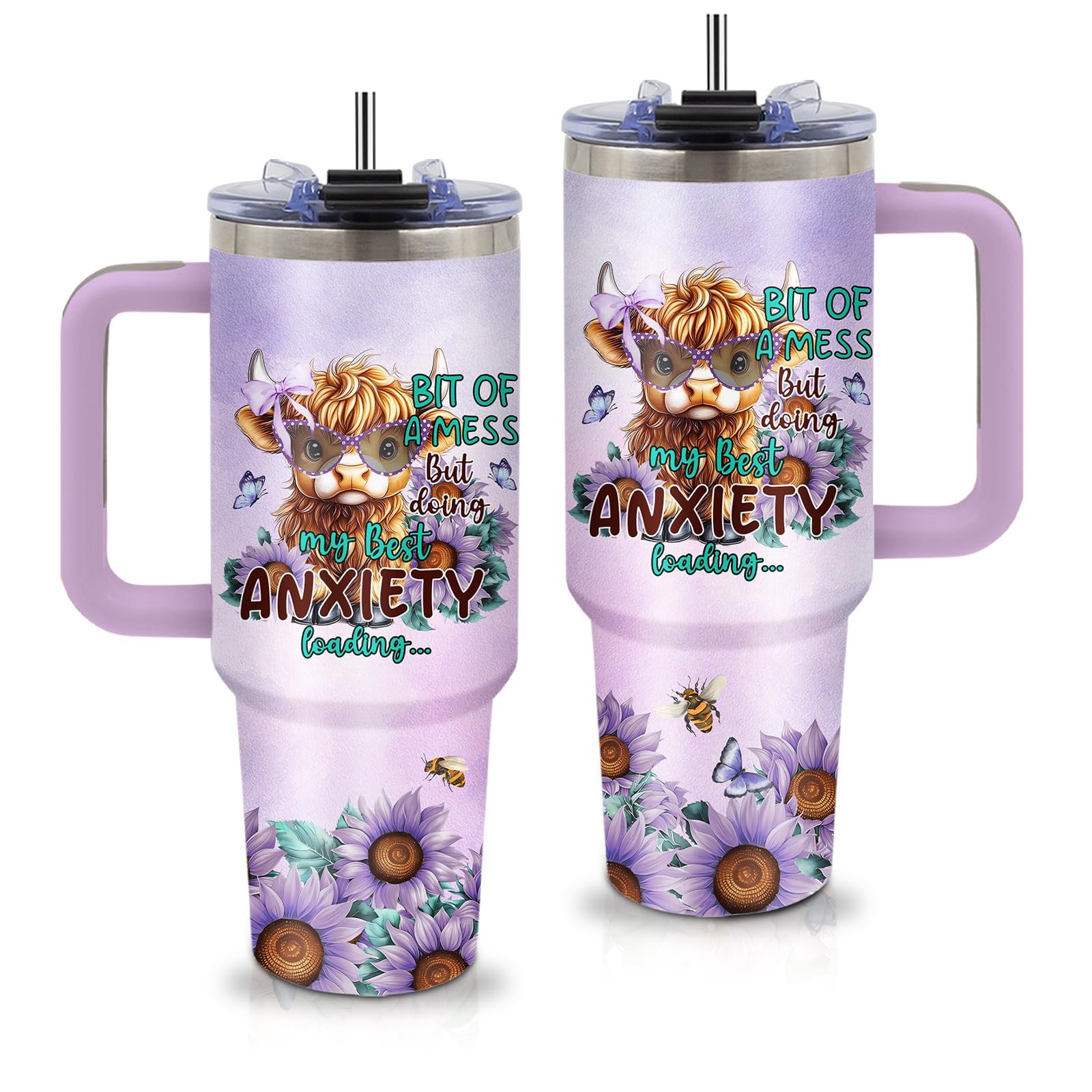 xiiai Highland Cow Gifts - Yak Tumbler 40oz with Handle and Straws, Leak-proof, Stainless Steel Insulated Coffee Mugs for Western Farm Lovers Cups,