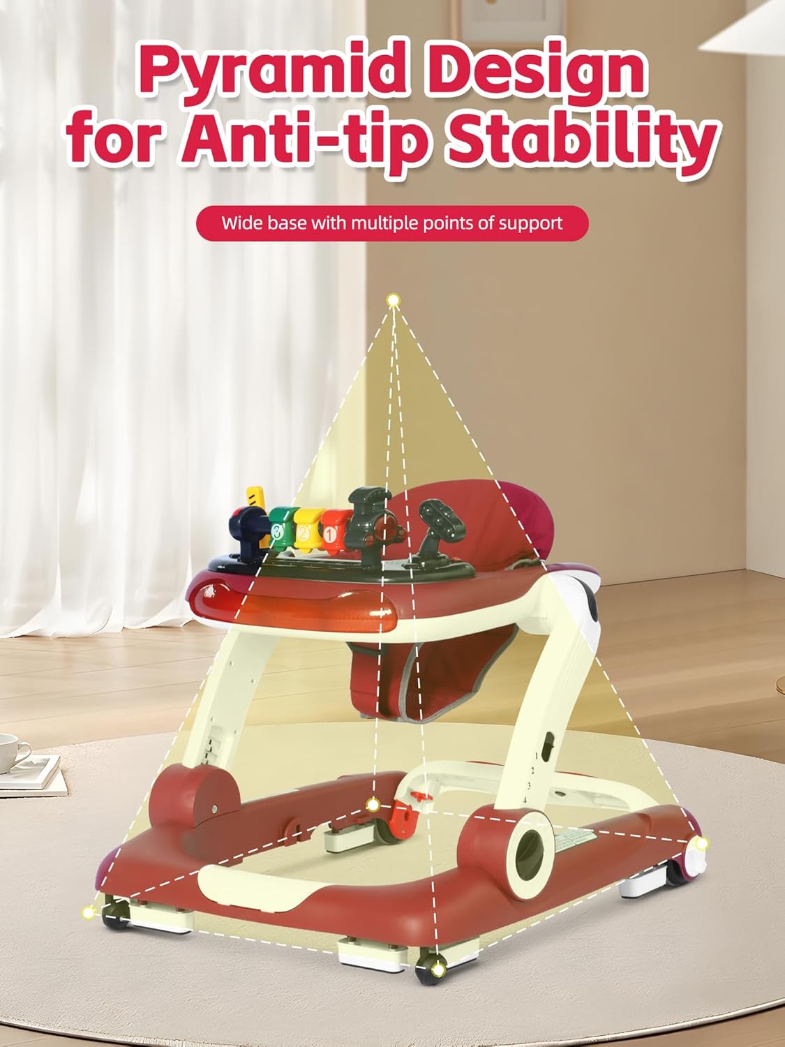 Music and Lights Baby Walker with Wheels, 6 in 1 Baby Activity Center w/Ergonomic backrest Design, Baby Walkers for Boys w/Foot Pads, Music Bouncer Walkers for Boys Girls Babies 6-18 Months, Red - Image 3