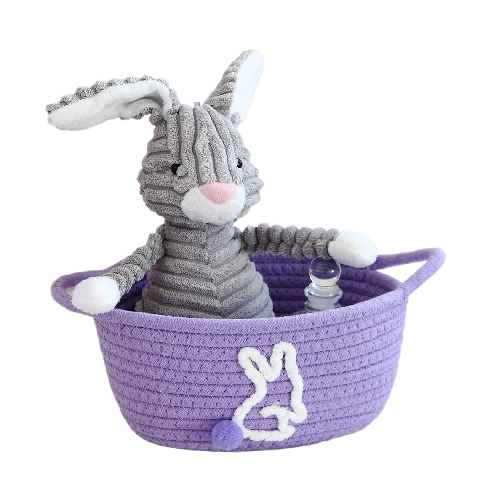 Cesta de almacenamiento de cuerda de algodón tejida a mano con asa, diseño de conejo, organizador de escritorio, cesta para la ropa sucia, caja de artículos pequeños para el hogar (púrpura, grande)