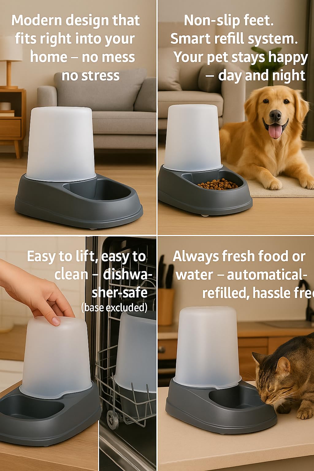 Automatischer Futter- und Wasserspender für Hunde und Katze - 2,5L - Futterautomat Katze - Futterspender Katze - Wasserspender Katzen Hunde - Flamingo Raja grau (Packung mit 2)
