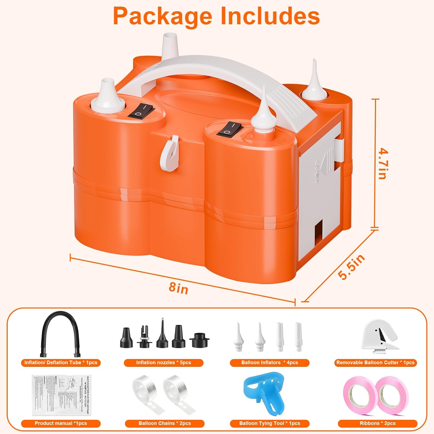 FLSEPAMB Electric Balloon Pump, 3-in-1 Portable Electric Air Balloon Blower Machine Balloon Pump 2 Motor Dual Nozzle Balloon Inflator for Latex 260Q Long Foil Balloons Swimming Rings Air Beds