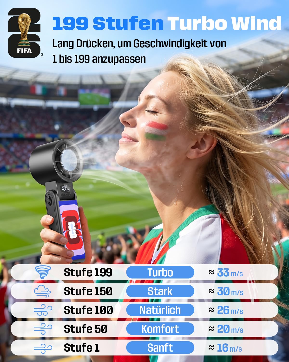 FIFA WM 2026 Handventilator Akku Aufladbar, Turbo Fan mit Kühlfunktion | 1-199 Stufenlos, 3600 mAh, 13.500 U/min, 150° Neigbar, Perfekte Geschenk für Fußballfans, Farbig | Offiziell Lizenziert