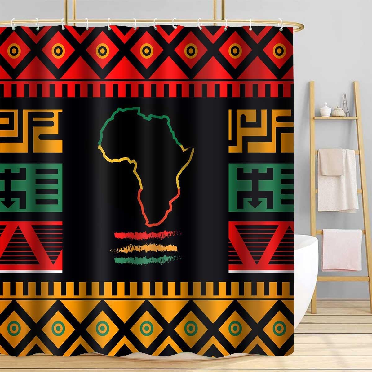 African Shower Curtain, Map of Africa Black History Month Bathroom Shower Curtains, African Boho Ethnic Style Bathroom Curtains Decor Set with 12 Hooks 72x72inch YLOKTP0398
