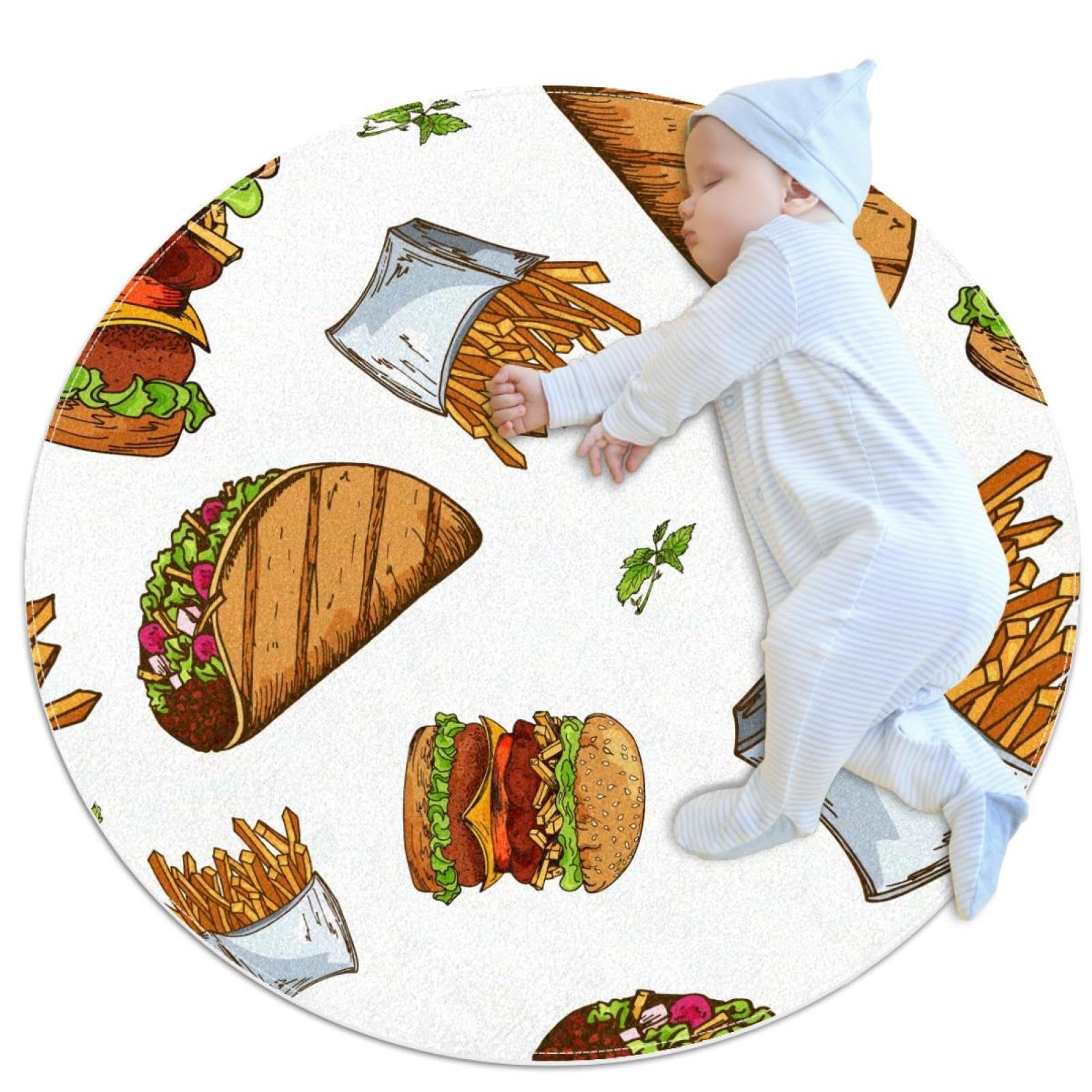 Tapis de chambre d'enfant rond antidérapant motif tacos et frites 1m