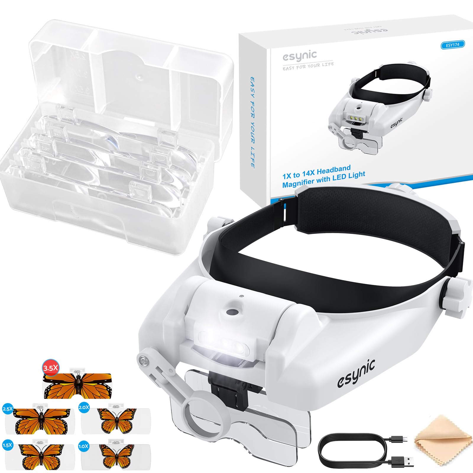 eSynic Comfortable Head Magnifier with Light USB C Rechargeable 1X-14X Magnification 5 Acrylic Lenses Double Lens Design Adjustable Headband for Reading Crafts Jewelry Repair Close Work