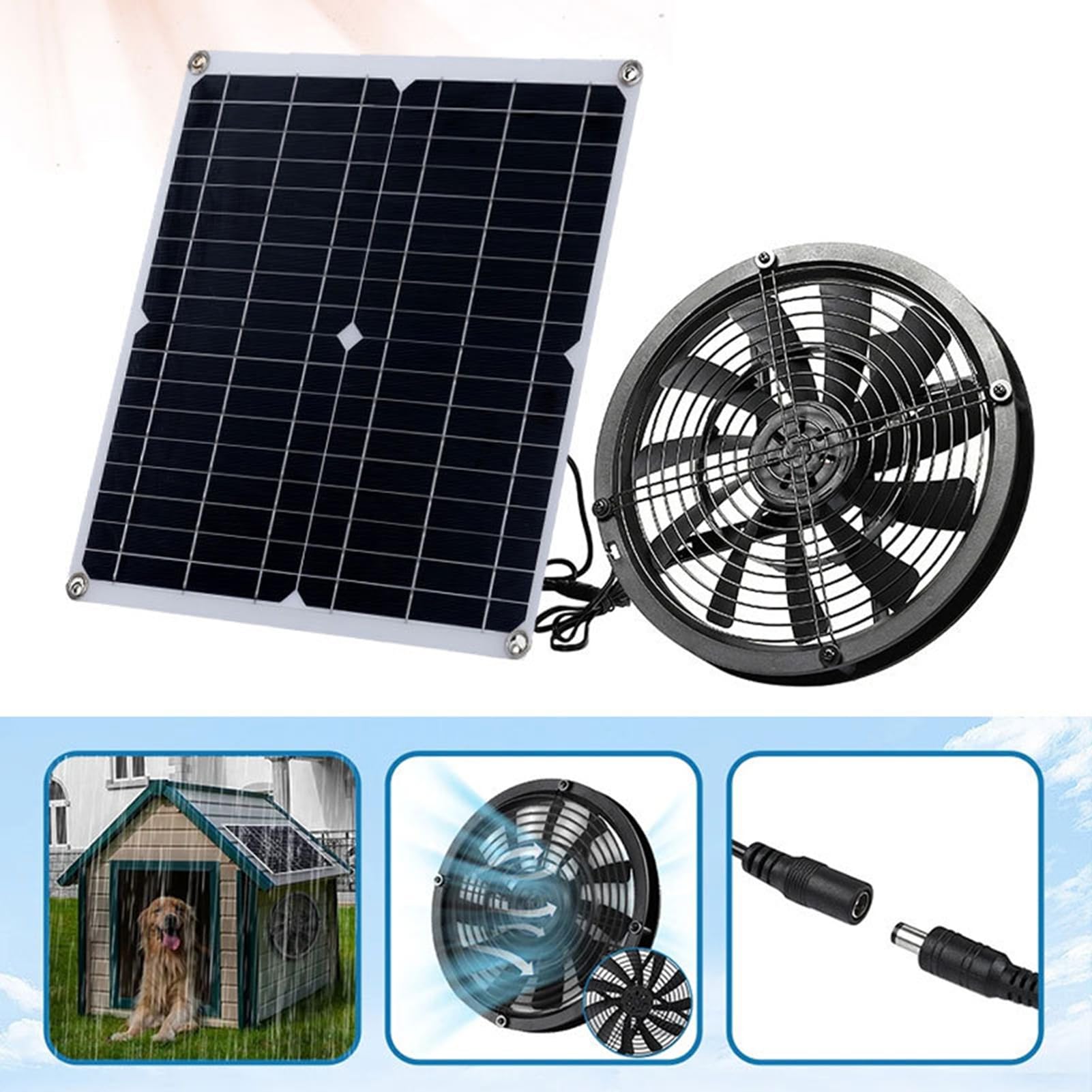 Wentylator Wyciągowy Zasilany energią słoneczną z Panelem 30W, | Wentylator słoneczny z kablem o długości 8,2 stopy do kurnika, szklarni, szopy, budy dla psa