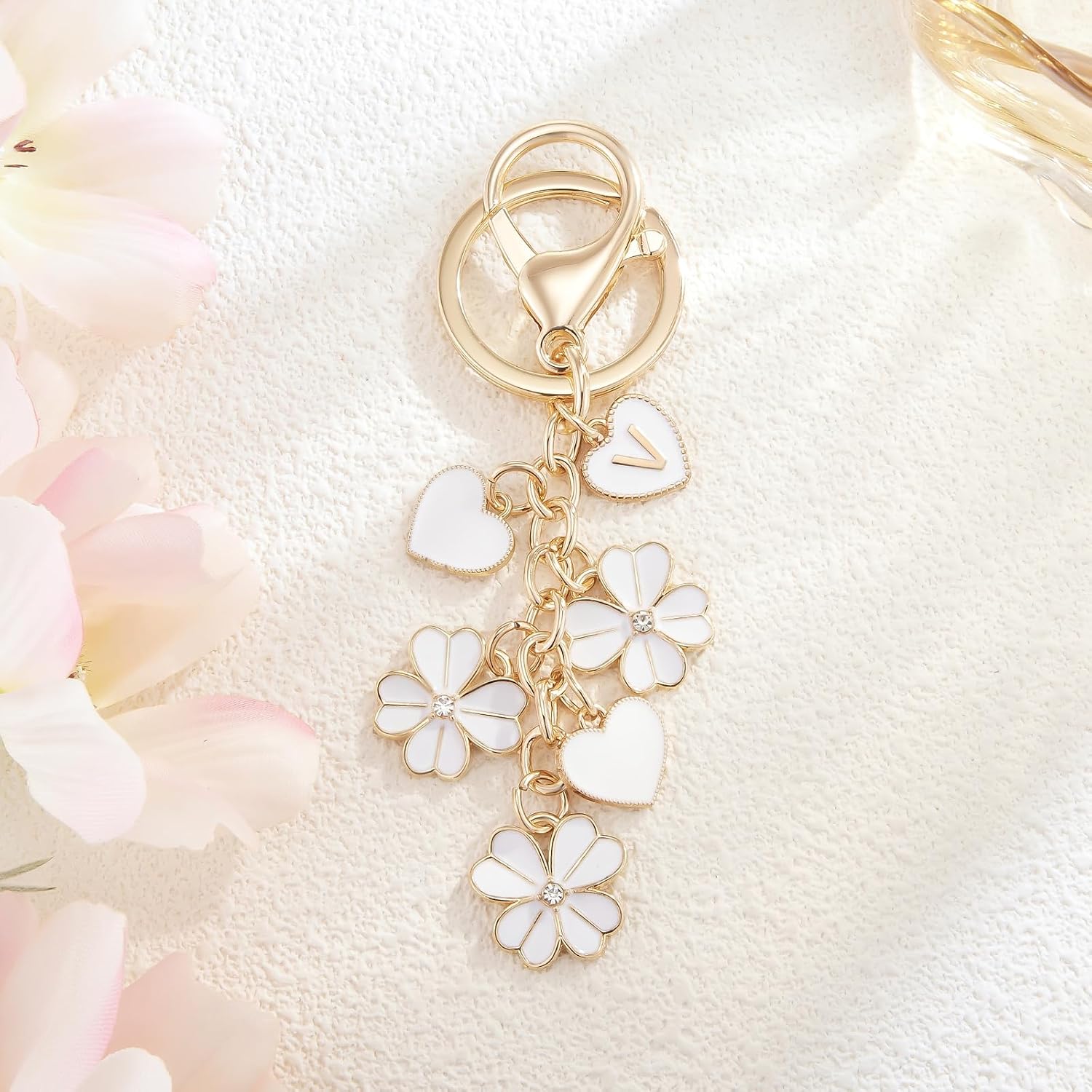 Initial Letter Keychain for Valentine's Day Women Gilrs Four Leaf Clover Flower Keyring for Backpack Charms Handbag image 5
