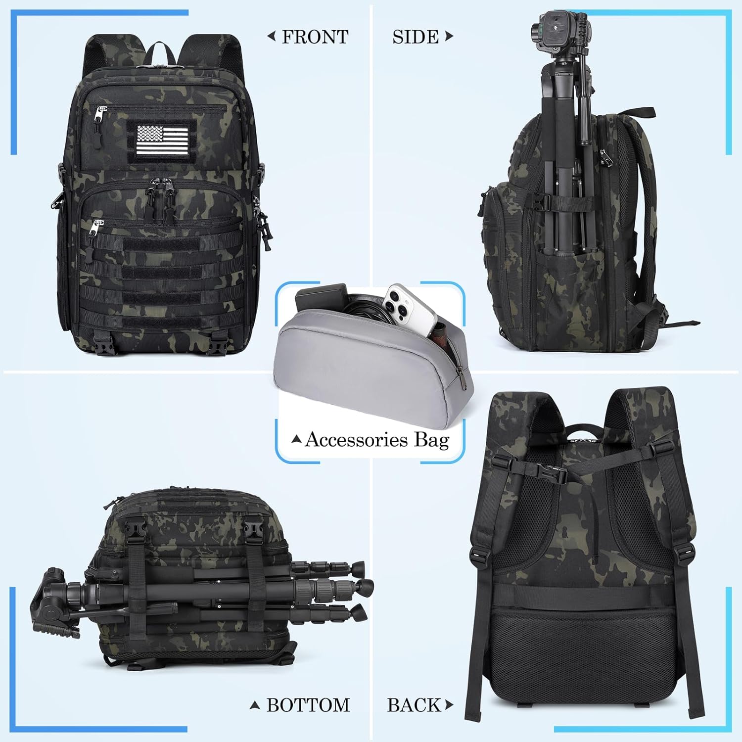 SDYSM Camera Backpack Bag Professional for DSLR/SLR Mirrorless Camera Waterproof 15.6 inch Tactical Camera Bags for Photographers with Rain Cover, Tripod Holder, Small Bag Photography Backpack Case - Image 9