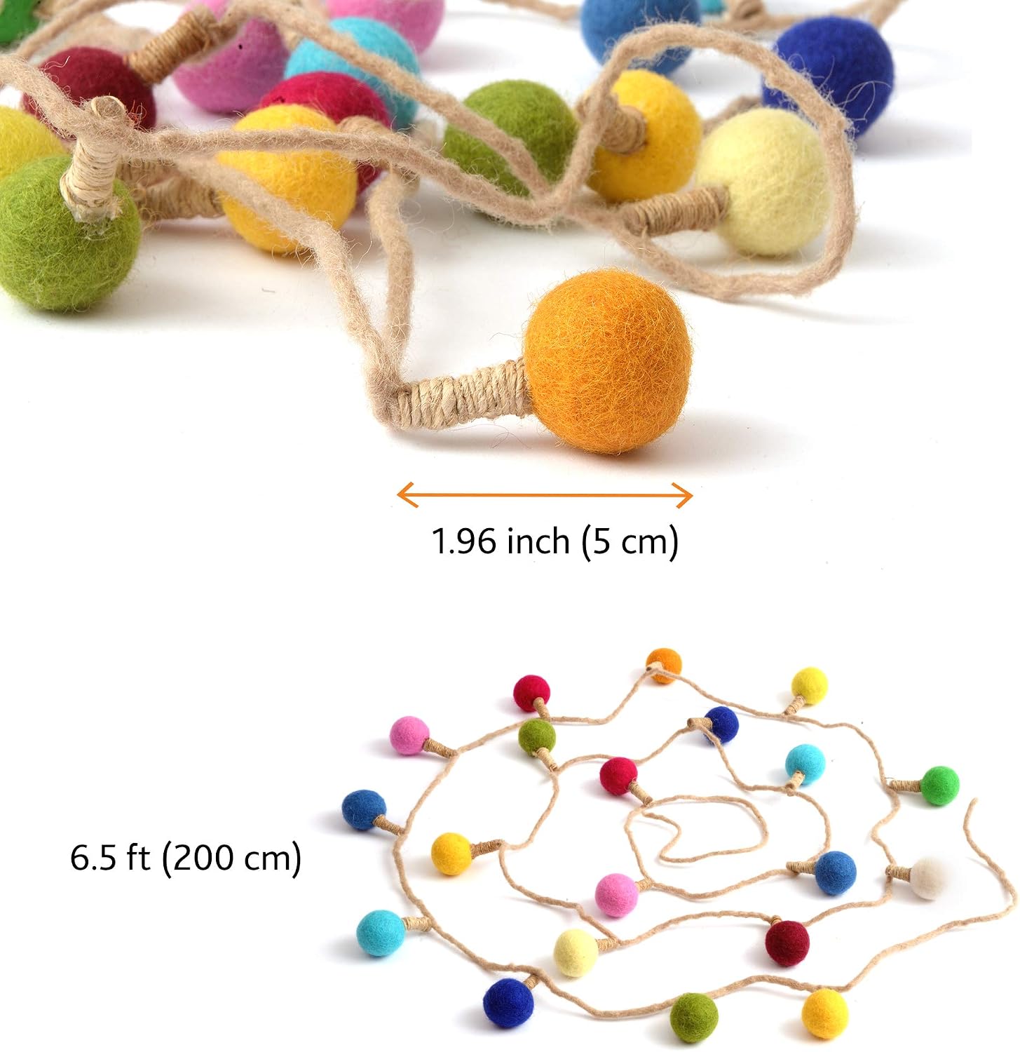 Glaciart One Felt Lightbulb Garland - Ideal Christmas & Fall Season Decoration - Arts & Crafts, Stand-Alone Decor - New Zealand Natural Wool, Hand-Felted in Nepal - 20 Rainbow-Colored Fabric Bulbs image 4