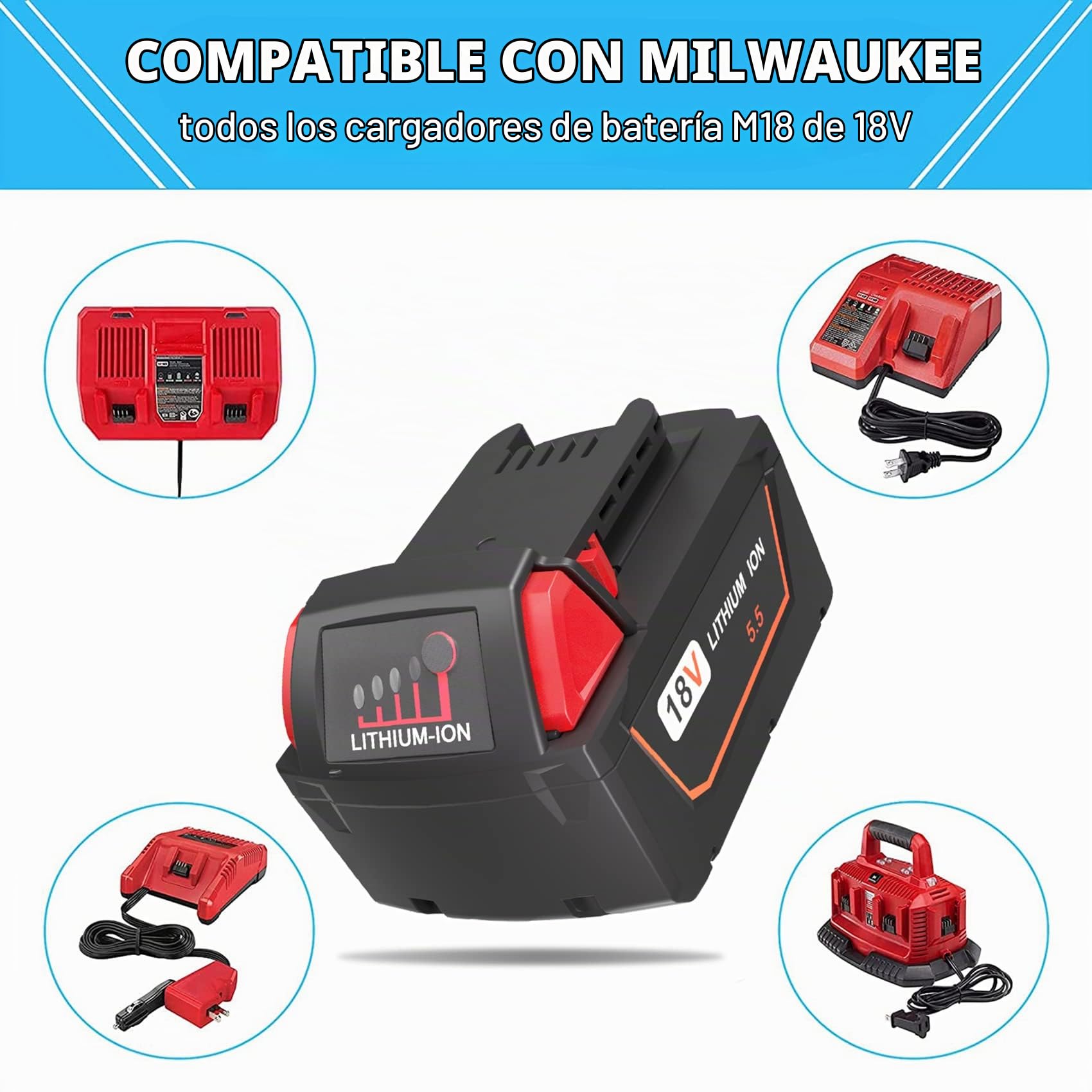 2X 5.5Ah M18 Batería para Milwaukee 18V Herramientas Eléctricas | Recargable, lithium bateria con Indicador LED, Alta capacidad, para Milwaukee M18 Bateria 48-11-1850 48-11-1812