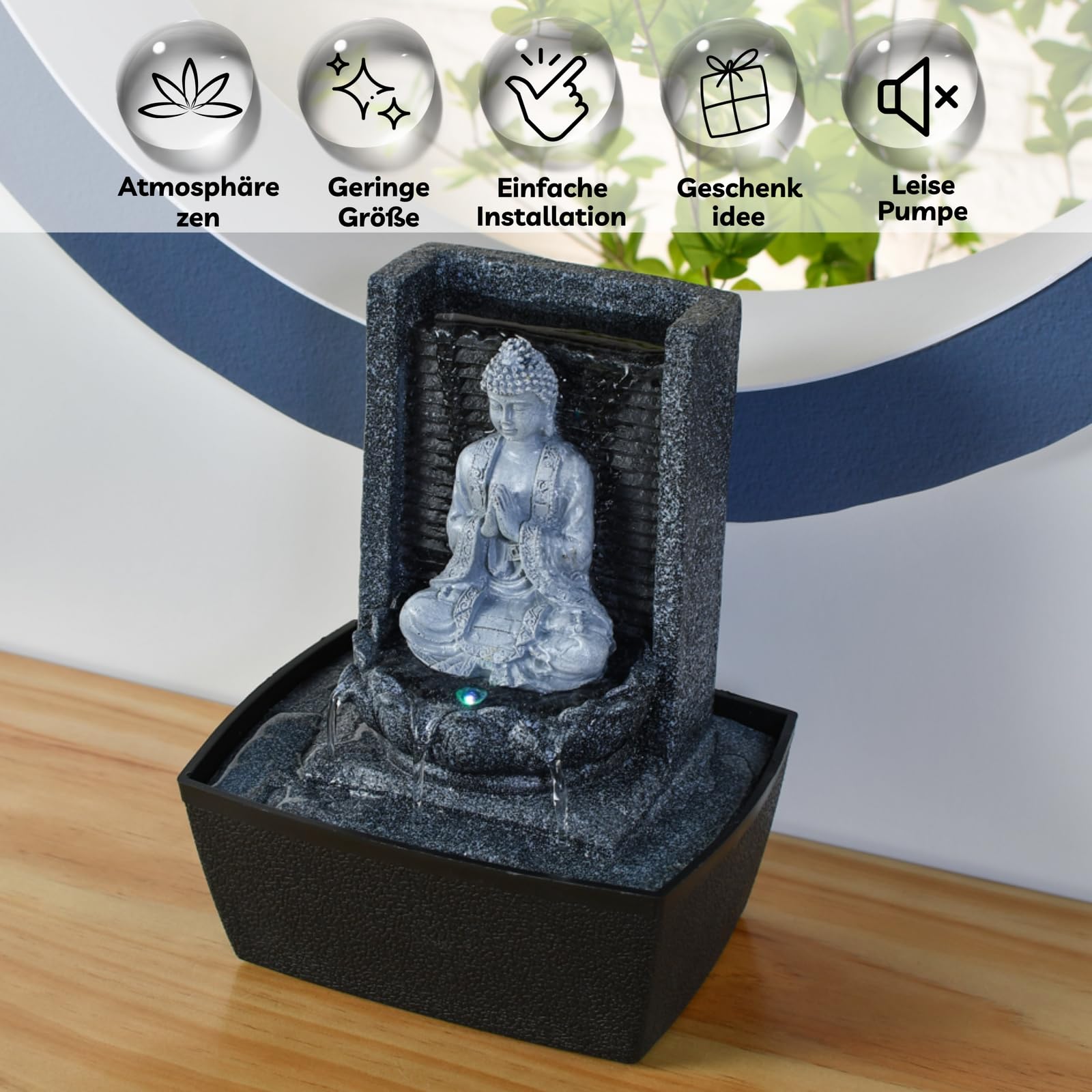 Zen'Light - Zimmerbrunnen Nirvana - Wasserfall mit Buddha & Weißer LED-Beleuchtung - Moderne Zen Deko, Ideal für Meditation & Entspannung - Feng Shui - H 26cm, Grau