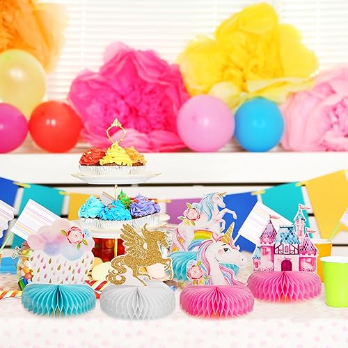 Miniatura 6 de Outus 9 piezas de centro de mesa de panal de unicornio arcoíris para decoración de mesa decoración de mesa de unicornio brillante para decoración de