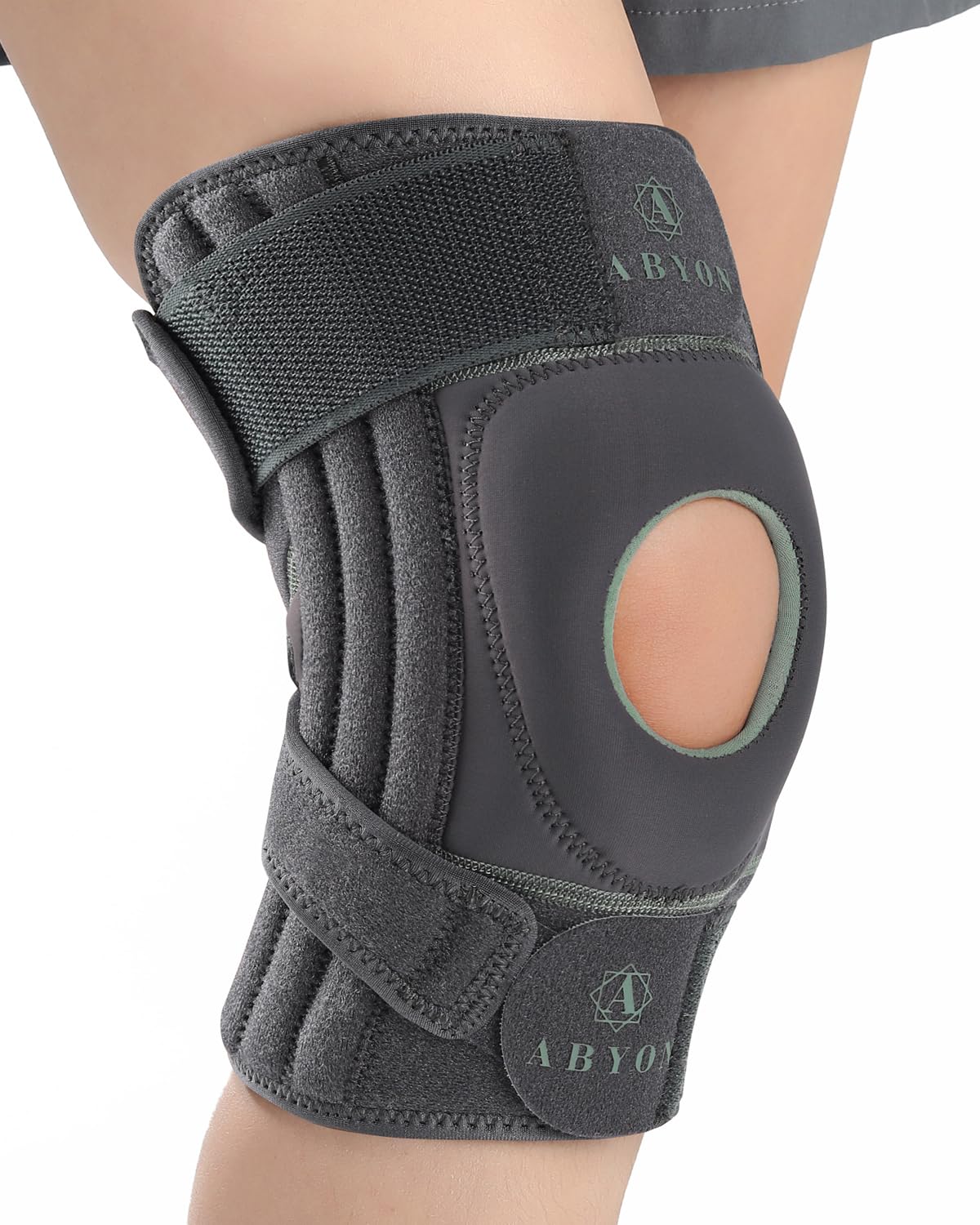 ABYON ELITE Kniebandage für Damen & Herren mit 4-fach verstellbarem rutschfestem Gurtsystem und seitlichen Stabilisatoren – Knieorthese bei Schmerzen, Arthritis, Kreuzband, Meniskus, Läuferknie