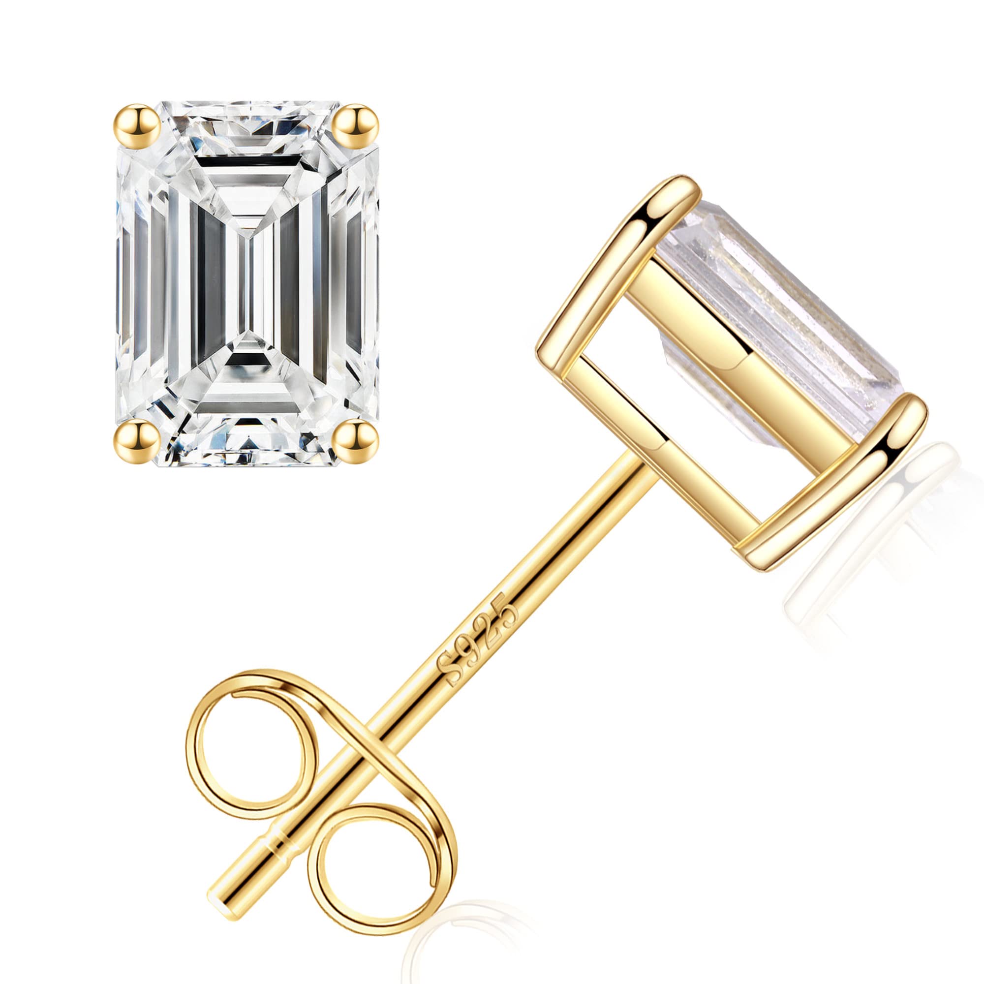 STORUPS925 Sterling Silver Stud Earrings Set for Women, Emerald Cut Simulated Diamond Stud Earrings Hypoallergenic CZ Stud Earrings for Women Vermeil White Gold/Gold/Black/Rose Gold 1/3/4 Pairs Earrings Set