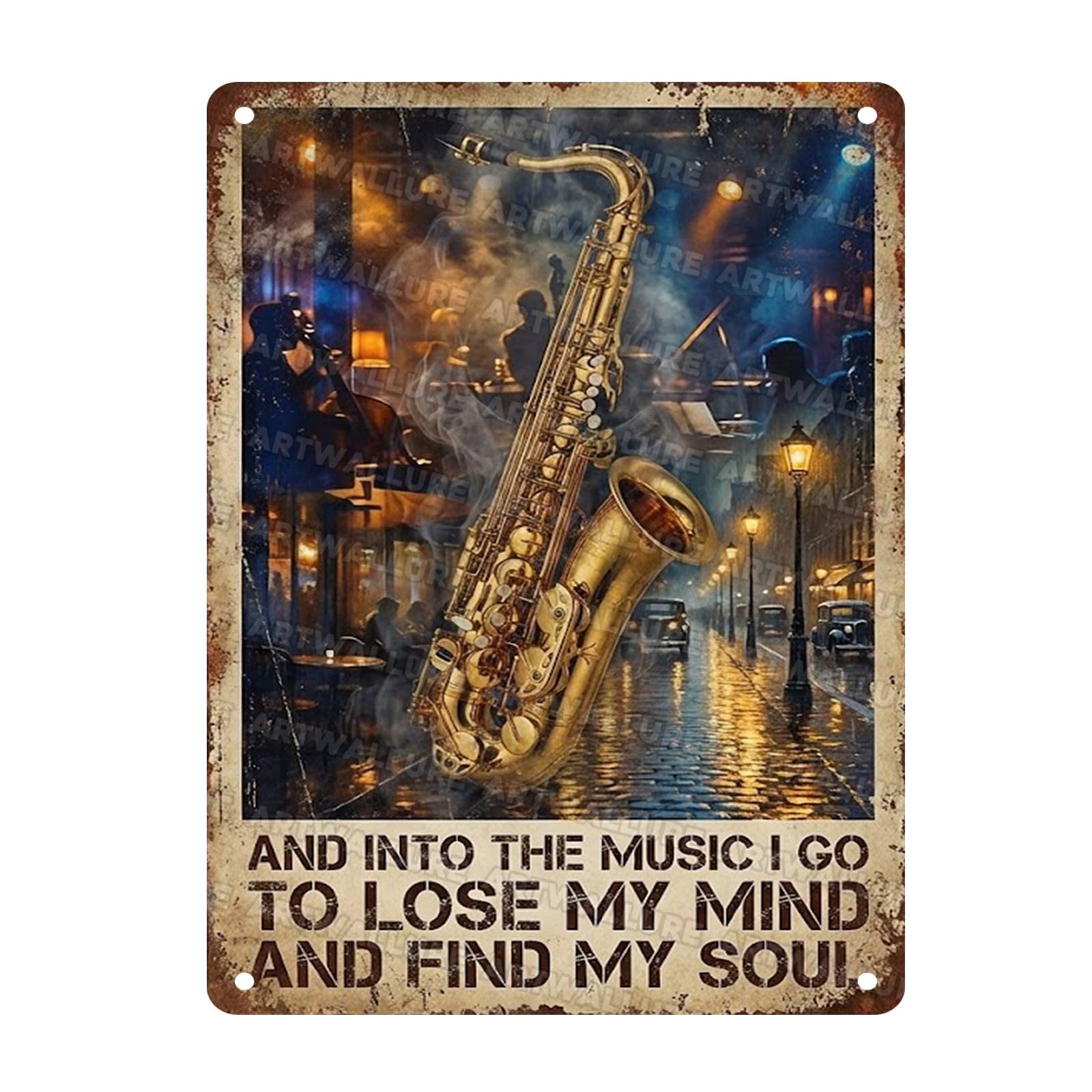 Vintage Saxophone Metal Tin Sign Jazz Music Decor Into The Music Quotes Retro Wall Art Gift for Musician Band 12x16Inch