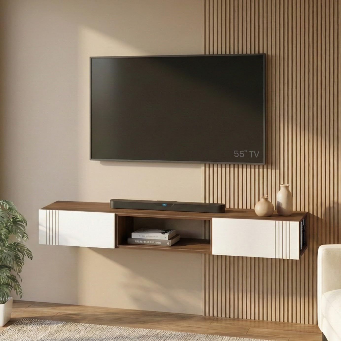 Evara Engineering Wood Wall Mount TV Entertainment Unit Set Top Box Stand/TV Panel Cabinet Panel with Shelves for Books & Décor Display Unit, Handleless, 60 Inches (Classic Brown & White)-image-44