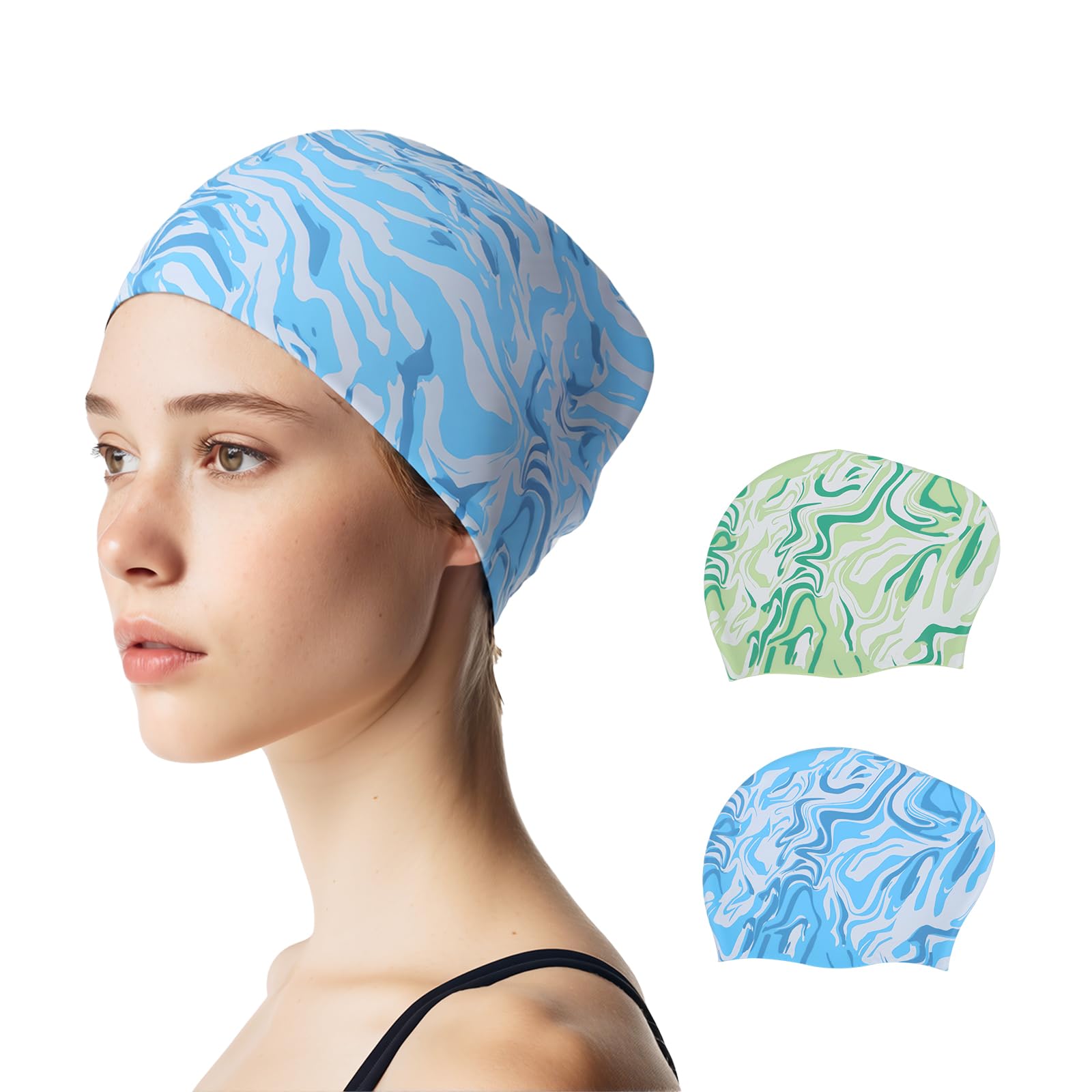 2 Pack Swim Cap Women Adult - Stylish Silicone Swim Cap for Long Hair - Waterproof Swim Caps for Girls Women - Comfortable Fit for Pool?Blue+Green