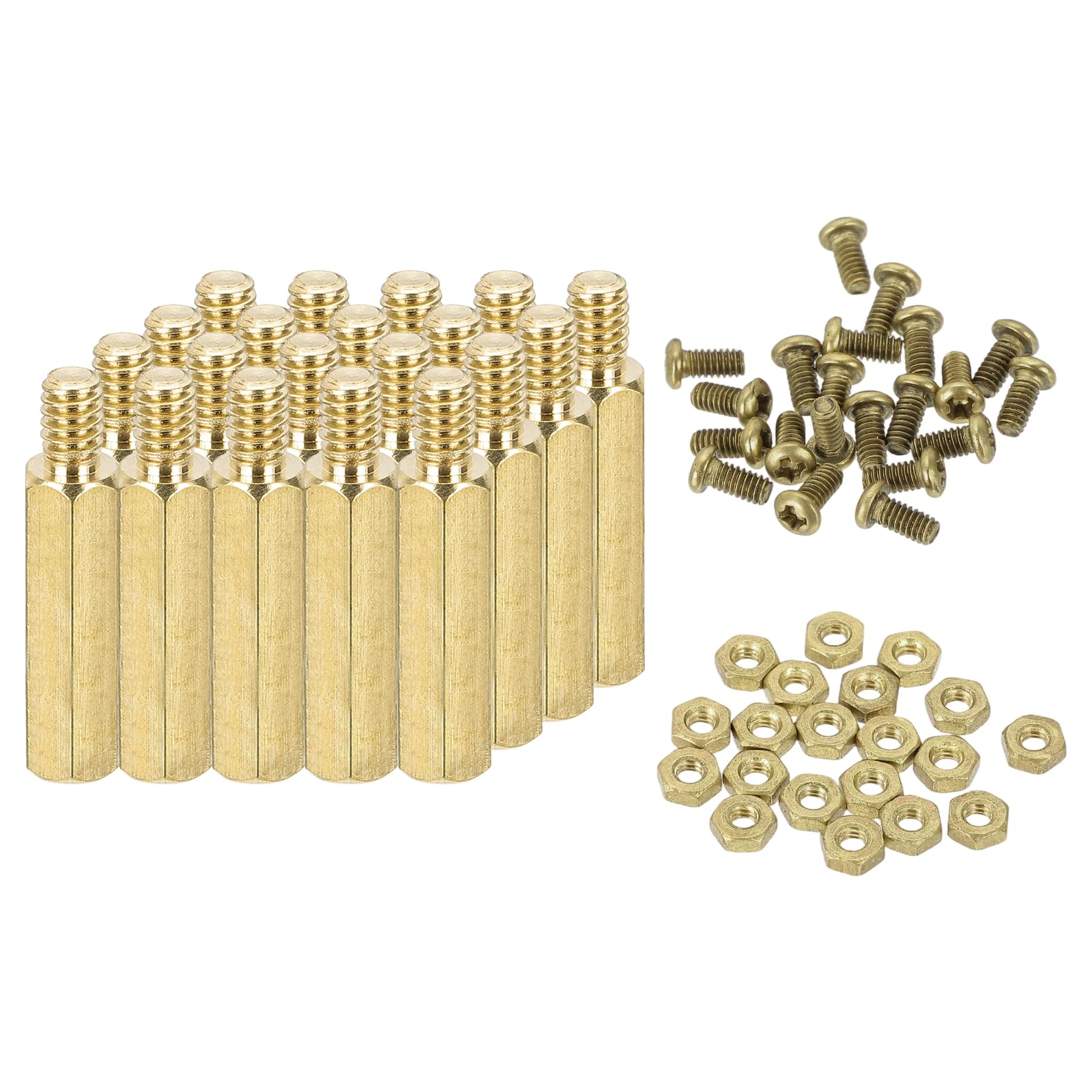 sourcing map M2 Male Brass Hex Spacer Standoffs Screws Nuts, 20 Set Hex Column Screw Nut Assortment Kit M2*10+3 Threaded Standoff for Raspberry Pi PCB Motherboard DIY — image 1