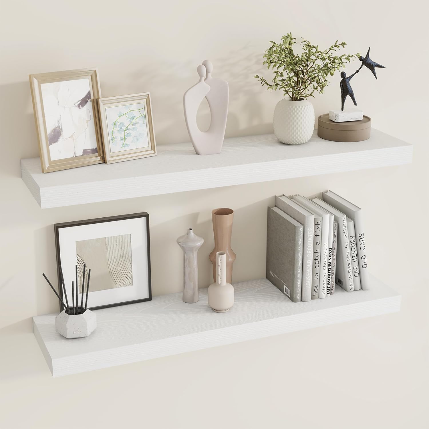 Dreamland 36 inch Floating Shelves Wall Shelves for Office with Invisible Brackets, 8 inch Deep Shelves for Bathroom, Living Room, Kitchen, Office, 36x7.9 inch deep Set of 2, White White 36"W x 7.9"D x 1.4"H