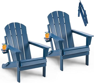 Furnimart Folding Adirondack Chairs Set of 2, Outdoor HDPE Patio Chairs - Wood Look with Cup Holders, Plastic Chairs Weather-Resistant for Outside Garden Balcony Lawn, Blue 2pcs