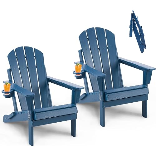Furnimart Folding Adirondack Chairs Set of 2, Outdoor HDPE Patio Chairs - Wood Look with Cup Holders, Plastic Chairs Weather-Resistant for Outside Garden Balcony Lawn, Blue 2pcs