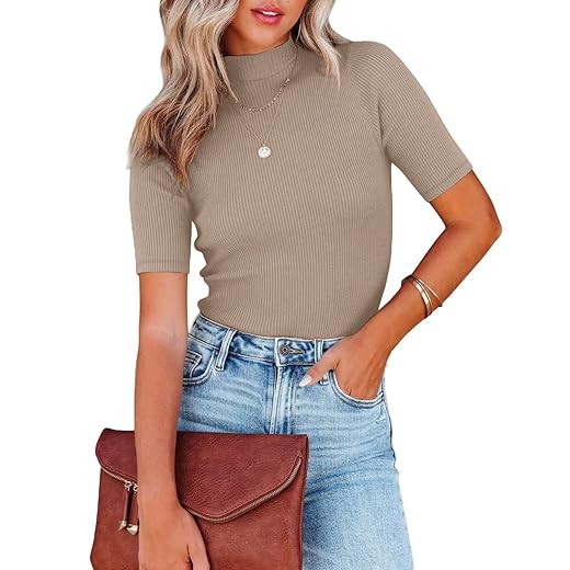 Nutssfiree Womens Short Sleeve T Shirts Summer Dressy Casual Ribbed Mock Neck Skims Dupes Basic Tops Khaki