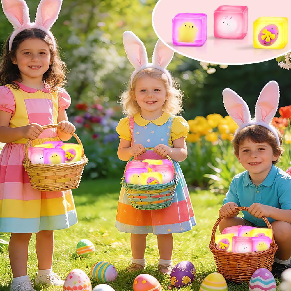 3Pcs Easter Squishy Stress Cube Fidget Toys Glow in The Dark Cute Sensory Toys Squeeze Cube with Bunny Egg Chick Design Stress Relief Balls for Easter Basket Stuffers Party Favors Gifts - Image 5