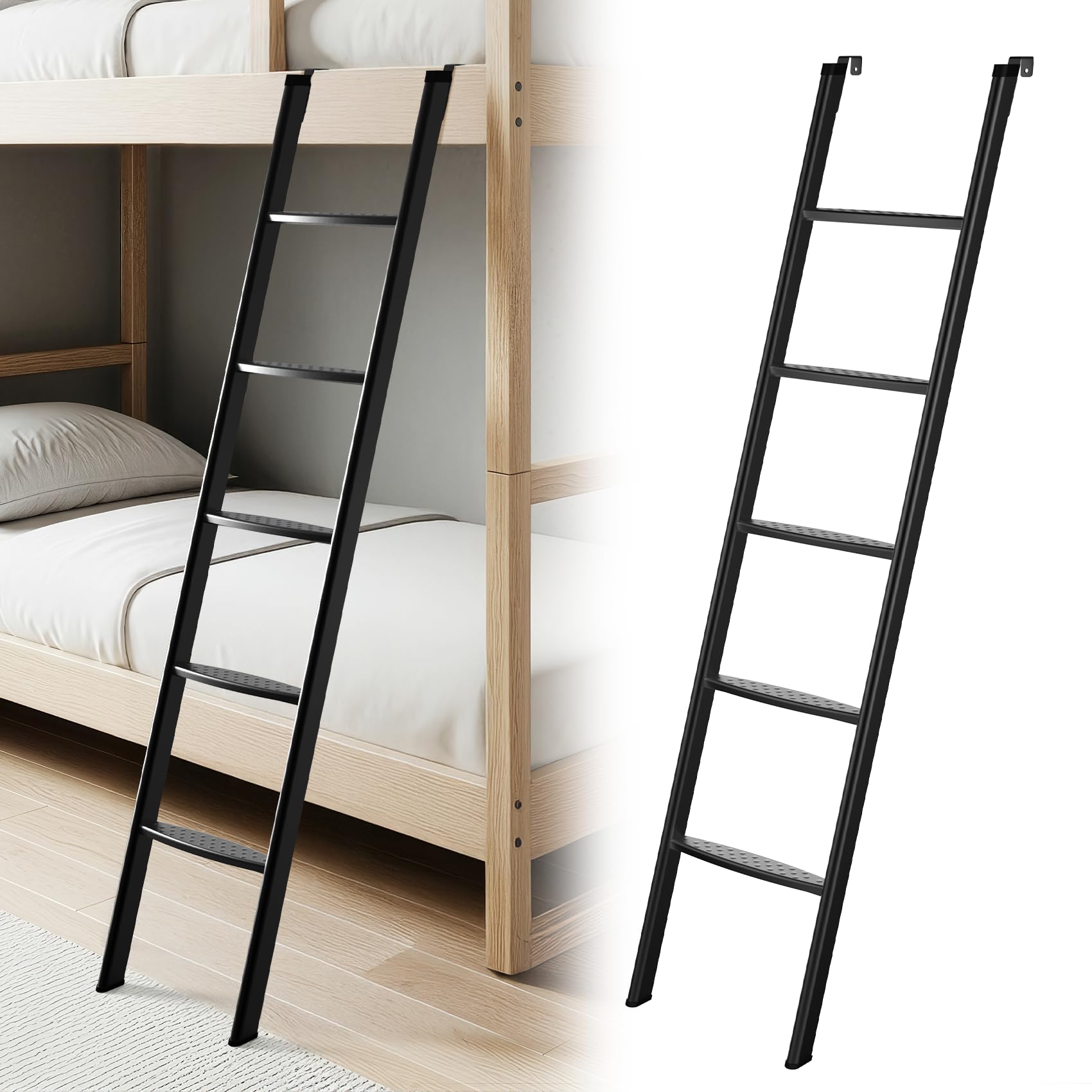 JY PERFORMANCE RV Bunk Bed Ladder, 60 Inch Anti-Slip Bunk Ladder, Heavy Duty 450lbs Max Capacity, Extra Wide Foot Steps, Integrated Hooks for Camper Motorhome Trailer, Black