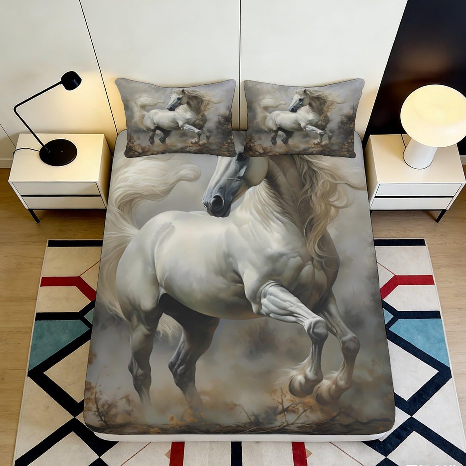 3D Printed Horse Pattern Fitted Sheet Microfiber Deep Pocket Full Wrap Bedroom Bedding Horse Mattress Fitted Cover Washable 160x200x25cm