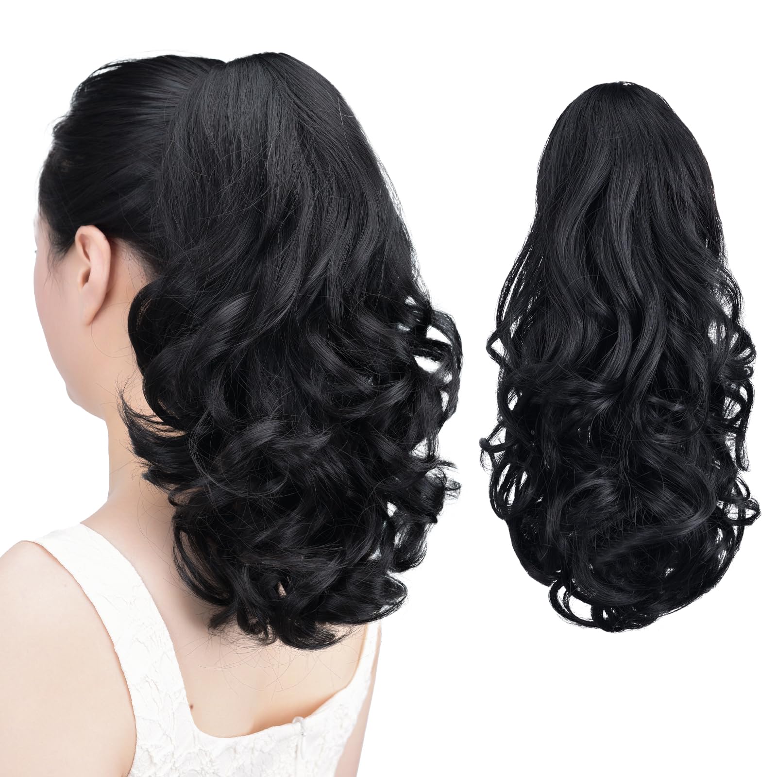 Tiklans Black Ponytail Extension,14" Clip in Ponytail for Women Short Ponytail Hair Extension Synthetic Heat Friendly Fiber for Girls