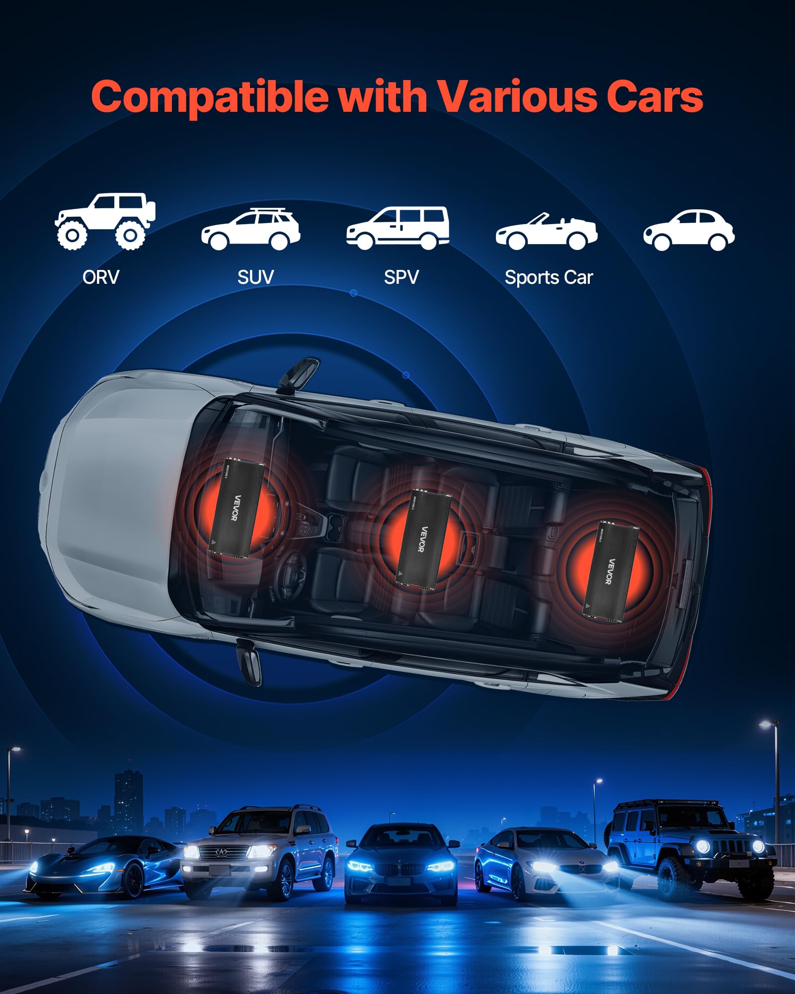 VEVOR Amplificateur Audio Voiture, Ampli de Puissance à 5 Canaux Pontables avec Sortie Subwoofer Dédiée, Classe D, 4x100W + 1x500W RMS sous 2 ohms, Amplificateur Multicanal Stéréo pour SUV, MPV
