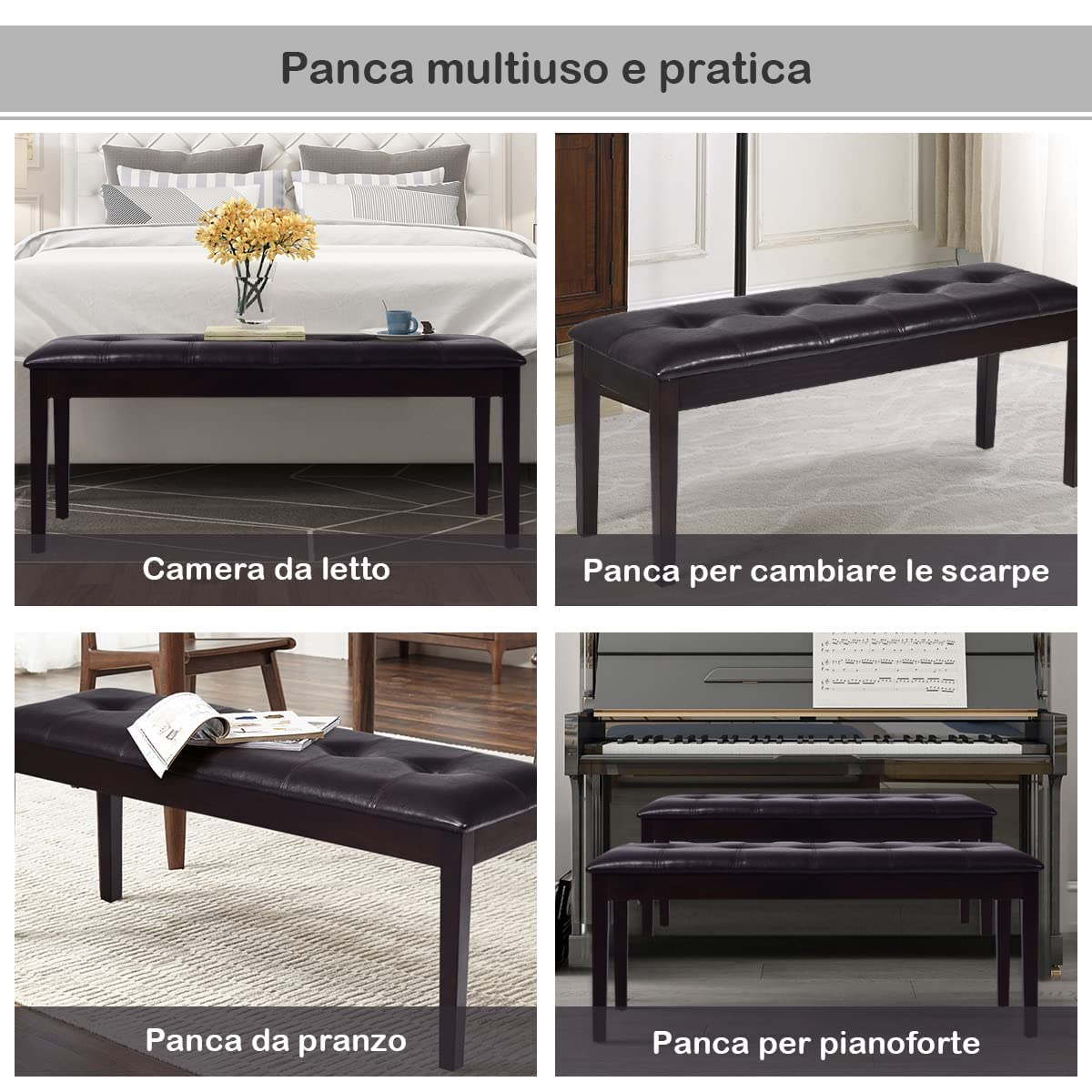 GYMAX Panca Imbottita, 2 Posti, con Superficie Trapuntata in PU e Bottoni Decorativi, Struttura in Legno con Piedini Antiscivolo, 116 x 38 x 48 cm (marrone)