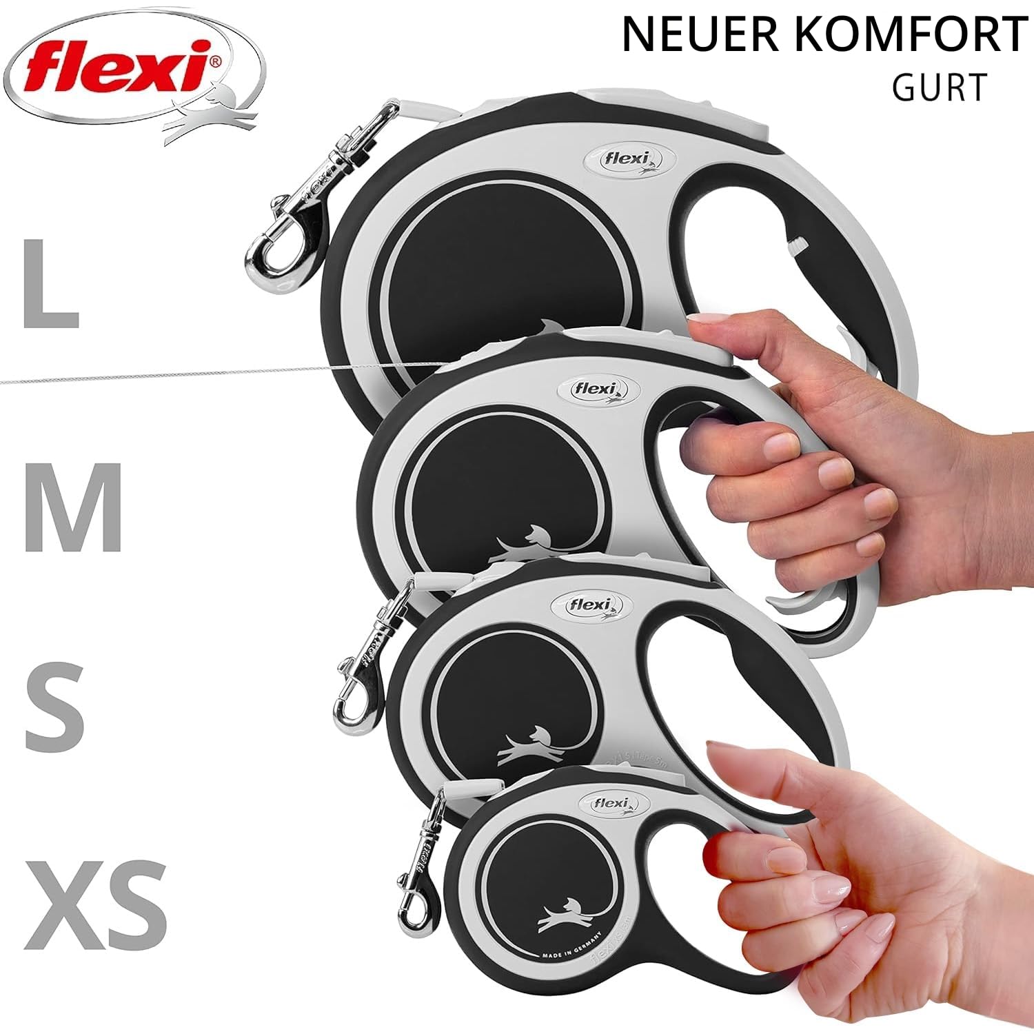 flexi® Comfort L | 8m Gurt Roll-Leine für Hunde bis 50 kg | Schwarz | ausziehbare Hundeleine | Gewicht 537.8 gr | Maße 13.9 x 21.3 cm