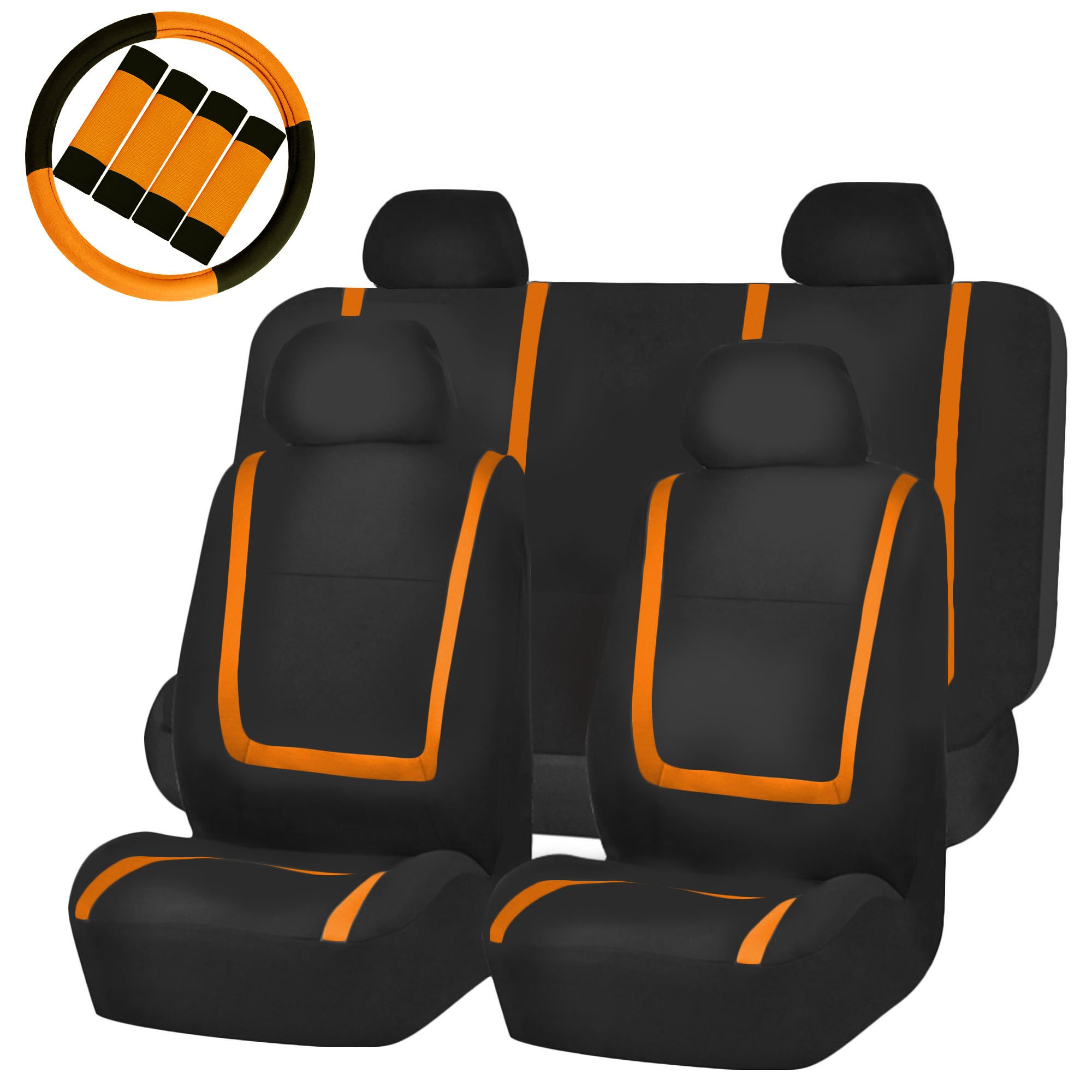 FH Group Unique Flat Cloth Car Seat Covers w. Steering Wheel Cover and seat Belt Pads- Universal Car, Truck, SUV, or Van (Orange / Black) FB032114