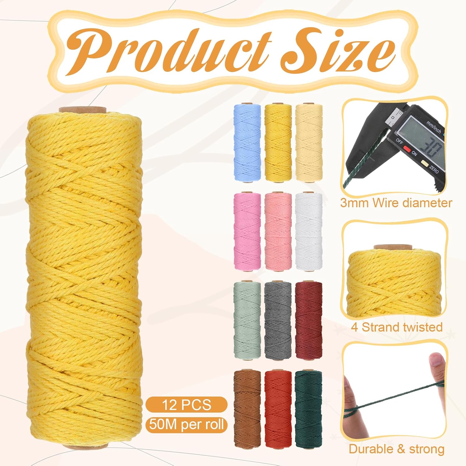 12 Rolls Macrame Cord, 3 mm x 648 Yards Colorful Cotton Rope for DIY Crafts, Colored Macrame String, Natural Cotton Rope Bulk, for Knitting, Artworks, Wall Hanging, Plant Hangers