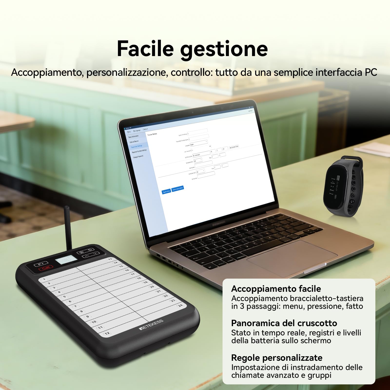 Retekess TD037 Cercapersone Ristorante, Sistema di Chiamata Camerieri con Cercapersone e Beep con Tastiera a 24 Tasti, 4 Ricevitori a Braccialetto per Ristoranti