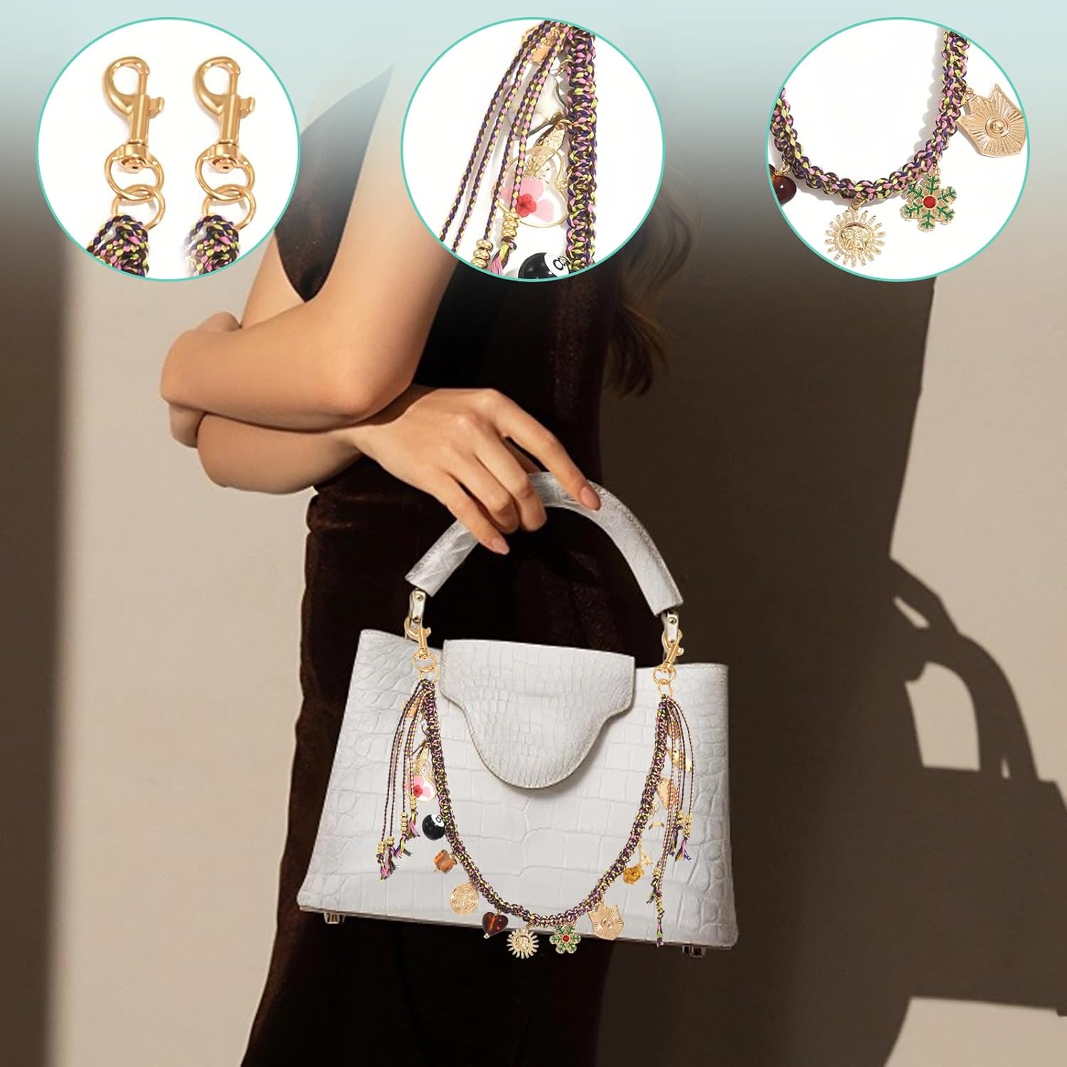 Beaded Rope Bag Charms Braided Keychain Dice Purse Accessories Bag Extender Chain For Handbags Tote Bag Women (A) - Image 2