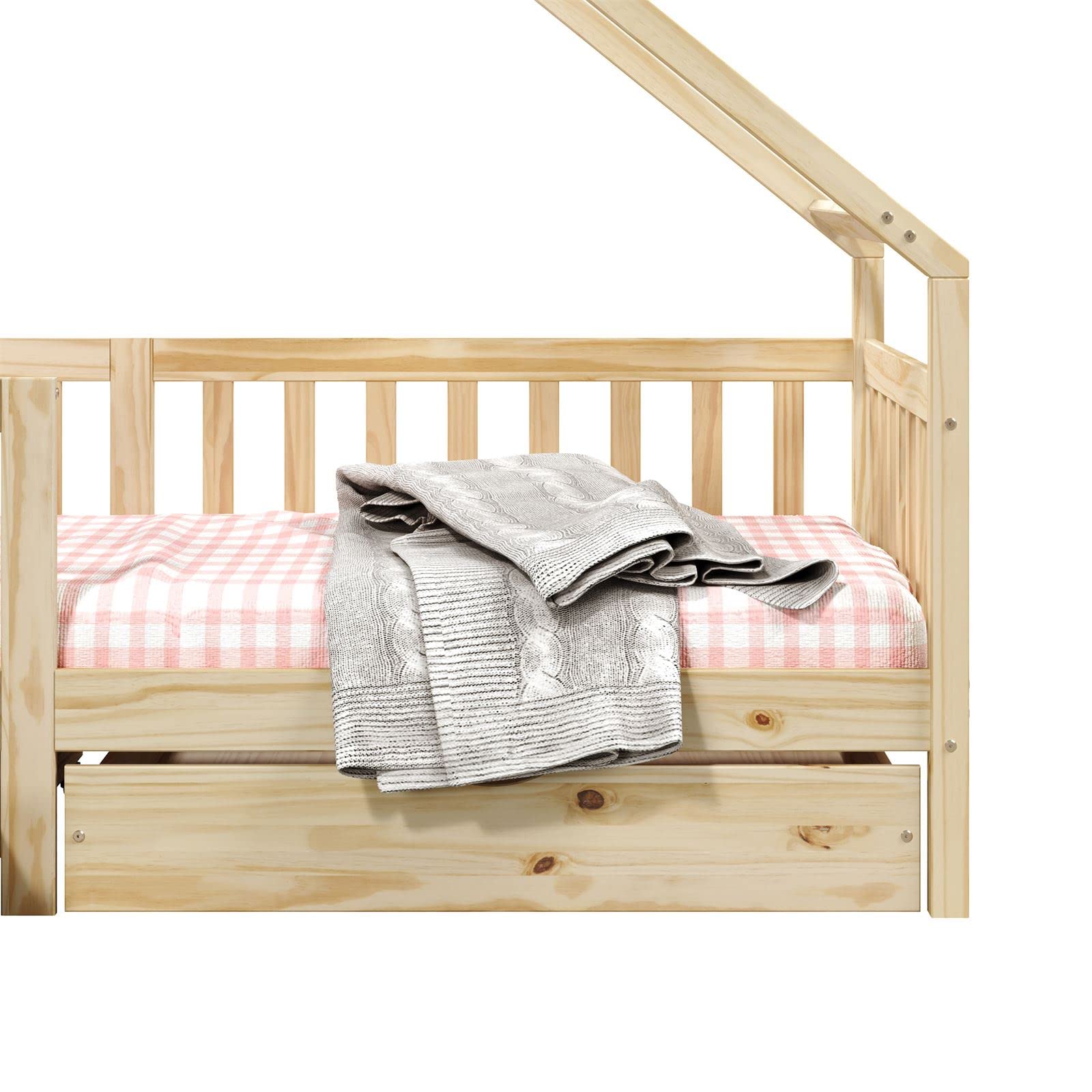 IDIMEX Hausbett ALVA aus Kiefer Massivholz, Natur - Kinderbett mit Dach, Tipibett mit Schubladen, Kinderzimmer Bett, Bodennahes Bett Montessori, ideal für Dachschrägen