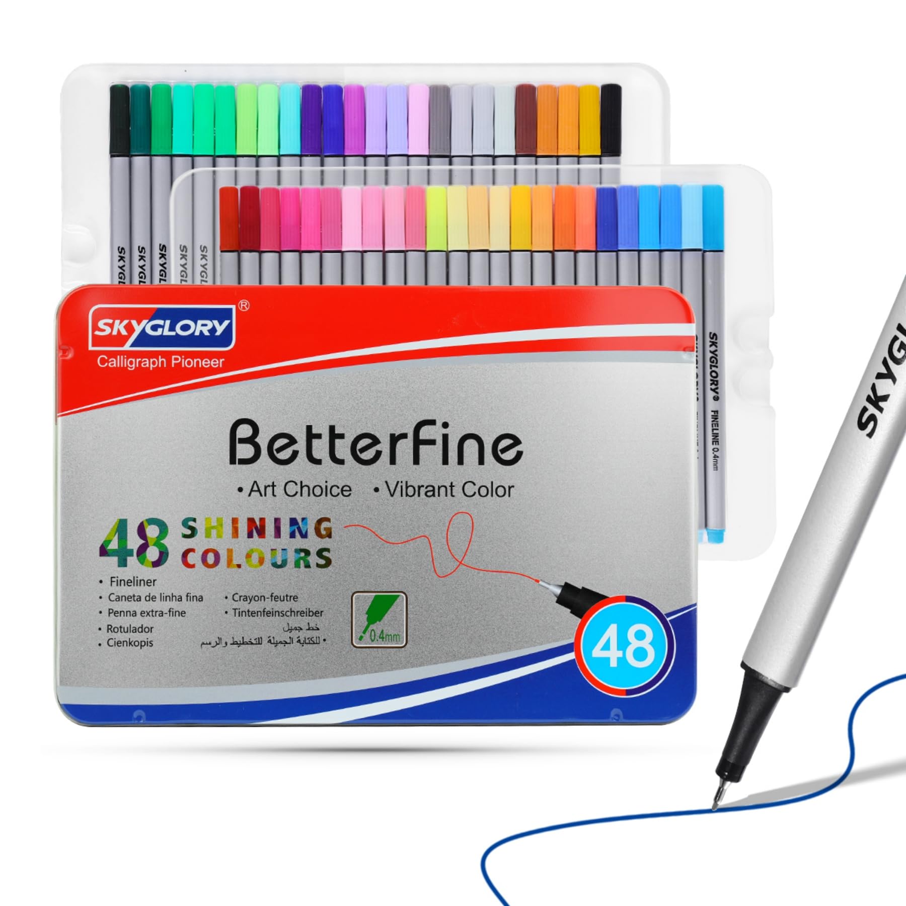 SKYGLORY 48 Colours Fineliner Pens Set-0.4mm Fine Tip with Free Colouring Card & Drawing Pad, Colour-Matched Caps for DIY Craft & Adult Colouring with Metal Case (48)