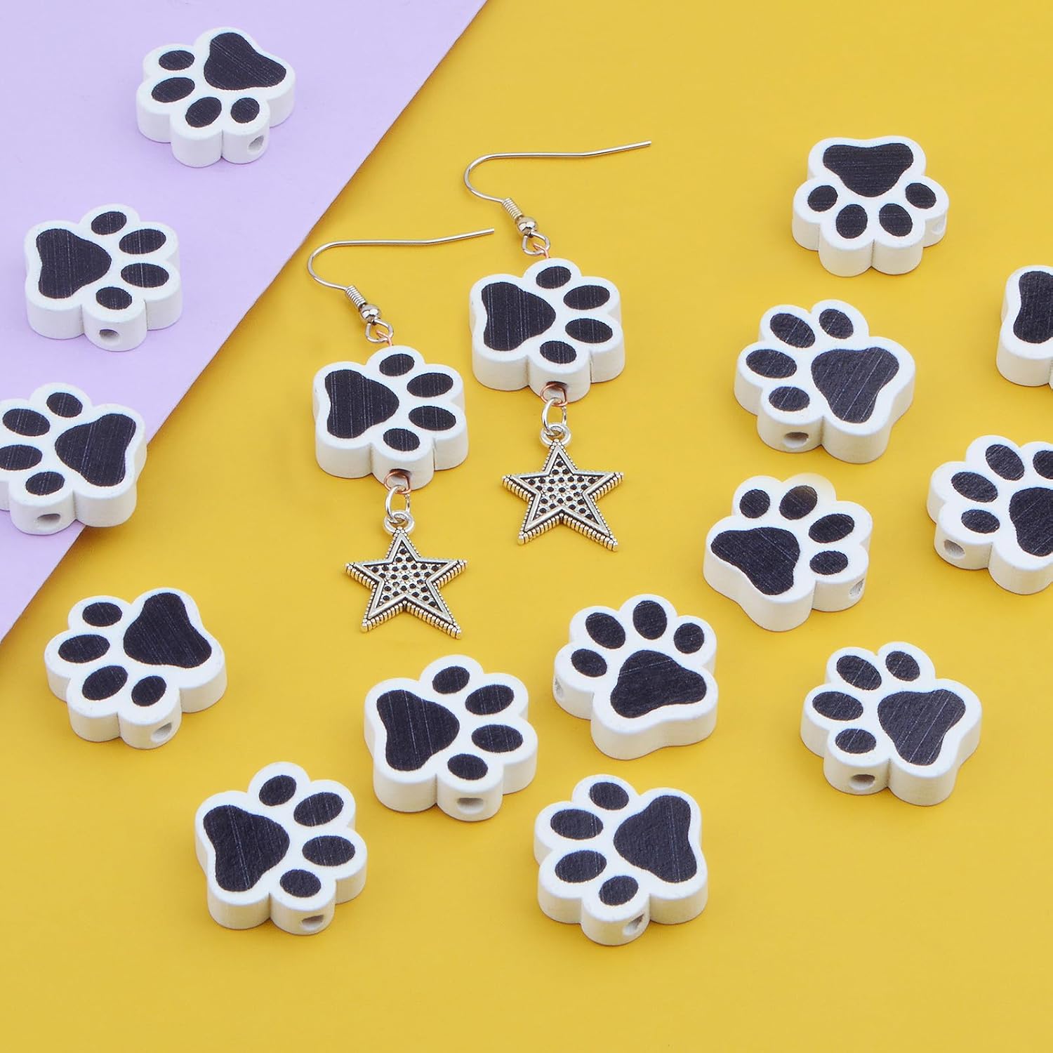 100pcs Pet Dog Paw Print Shape Wooden Spacer Beads - Black and White Wood Craft Beads for DIY Jewelry Making, Party Home Decoration Gifts - Image 7