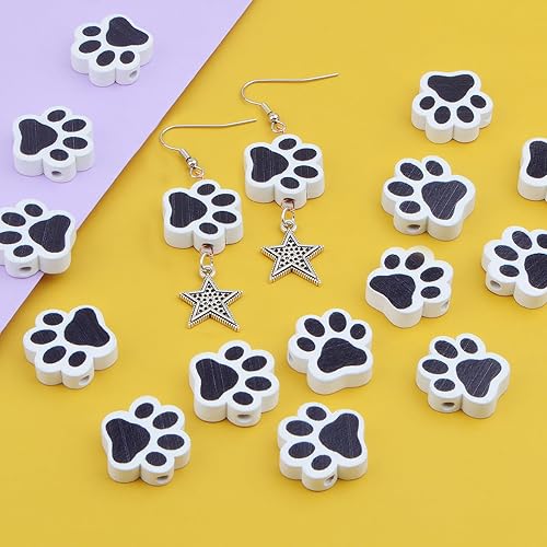 Miniatura 7 de 100 cuentas espaciadoras de madera con forma de huella de perro para mascotas, cuentas espaciadoras de madera en blanco y negro para hacer joyas,