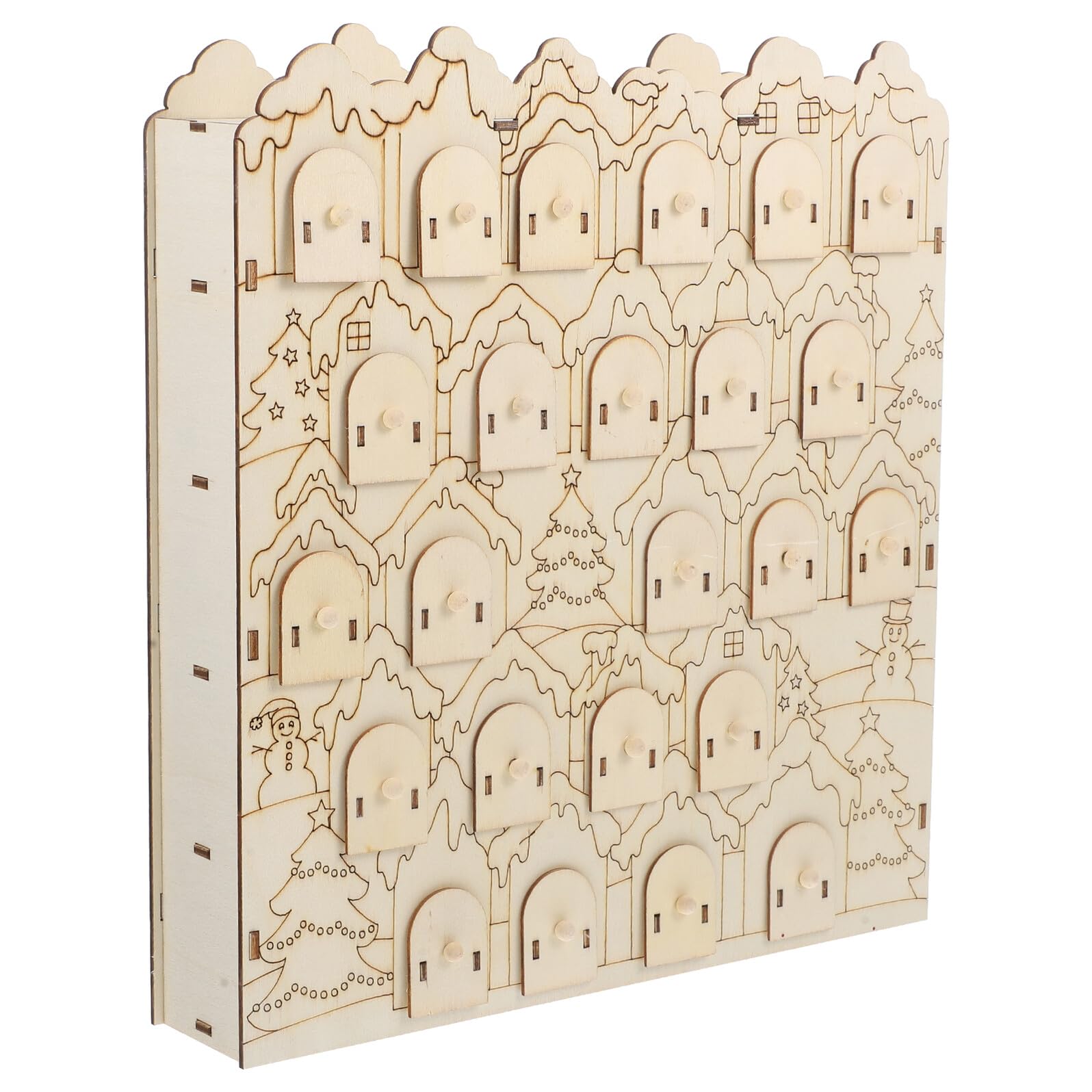 Calendrier de Noël en bois avec décorations festives et figurines miniatures pour invités