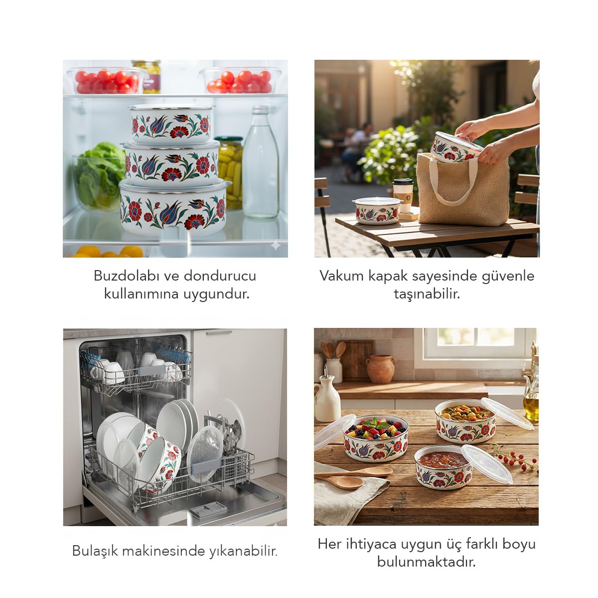 Serenk 14-16-18 Cm Emaye Üçlü Saklama Kabı Seti