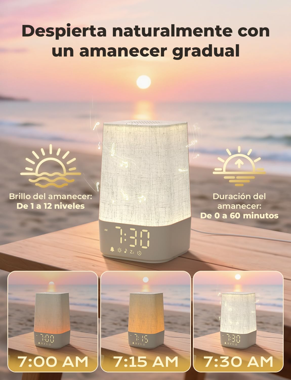LIORQUE Despertador Amanecer, Despertador Luz Natural Simulación de Amanecer, 13 Niveles de Brillo, 10 Pistas de Ruido Blanco y 20 Melodías de la Naturaleza, Función Alarma y Snooze