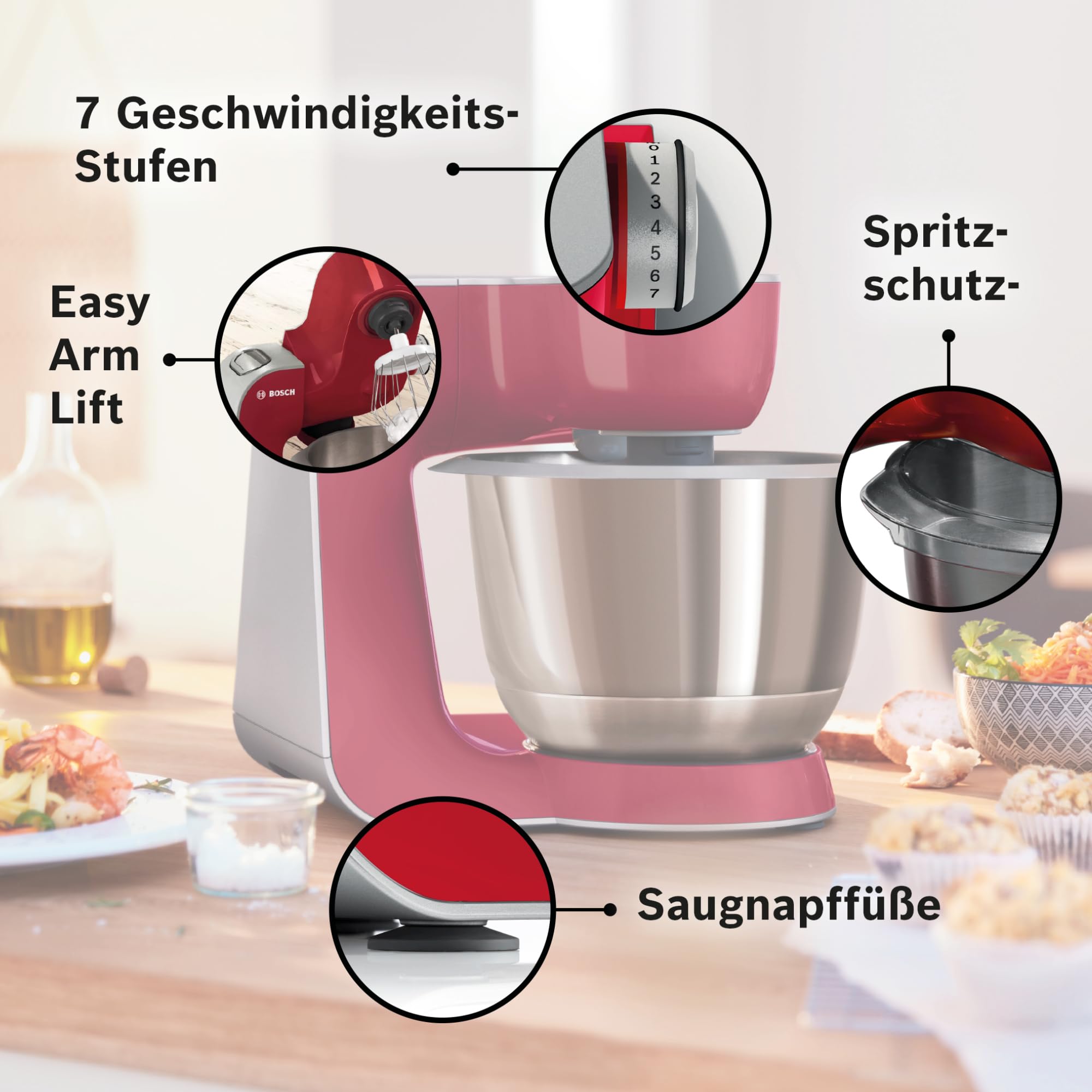 Bosch Planetaria Robot da Cucina MUM5, Ciotola in Acciaio da 3.9 L, 7 Velocità, 1000 W, Rosso
