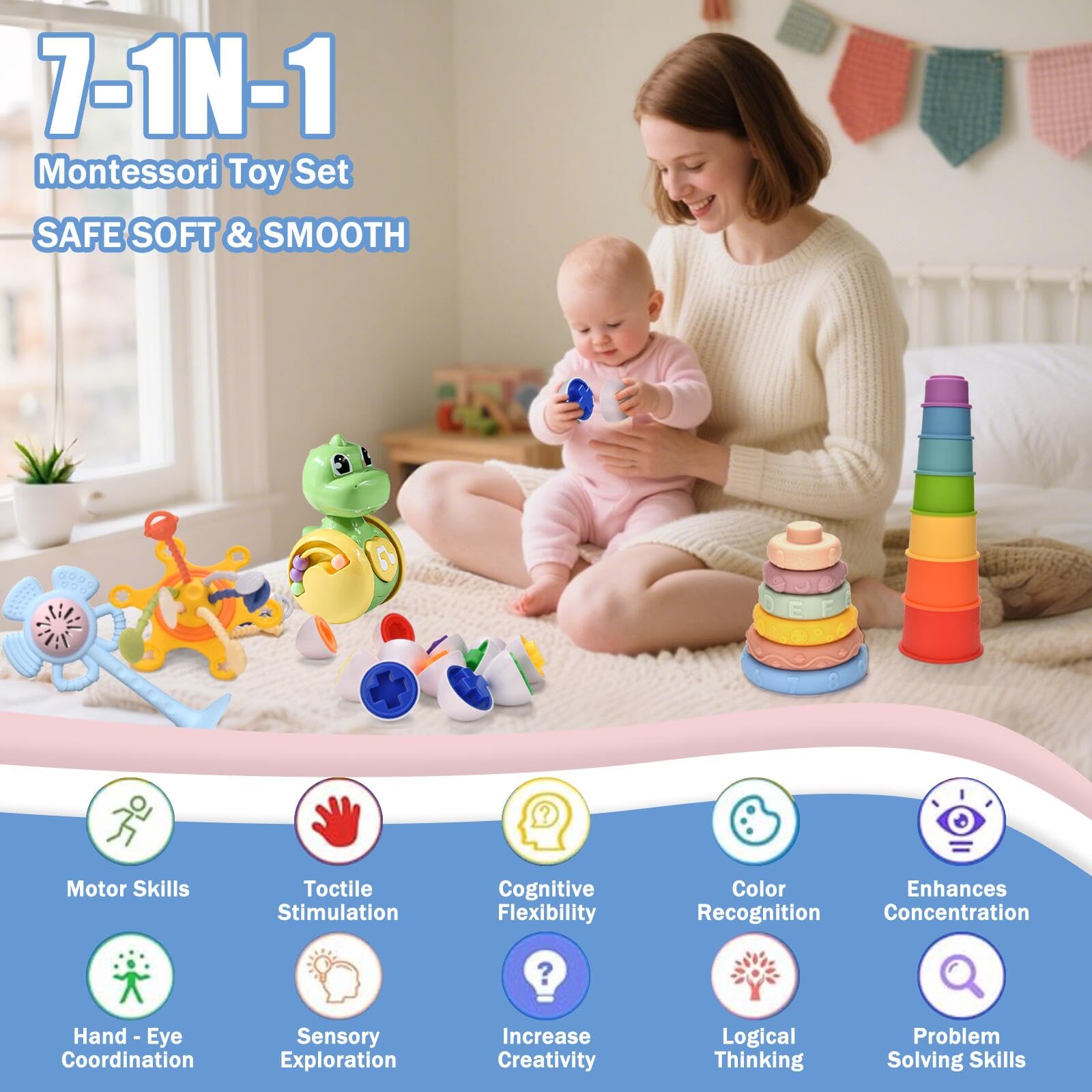 Zabawka dla niemowląt od 6 do 12 miesięcy, Montessori, gry dla niemowląt, 1 rok, sensoryczna zabawka 7 w 1, jajka do łączenia, obrotowa zabawka z przyssawką, prezent urodzinowy na Boże