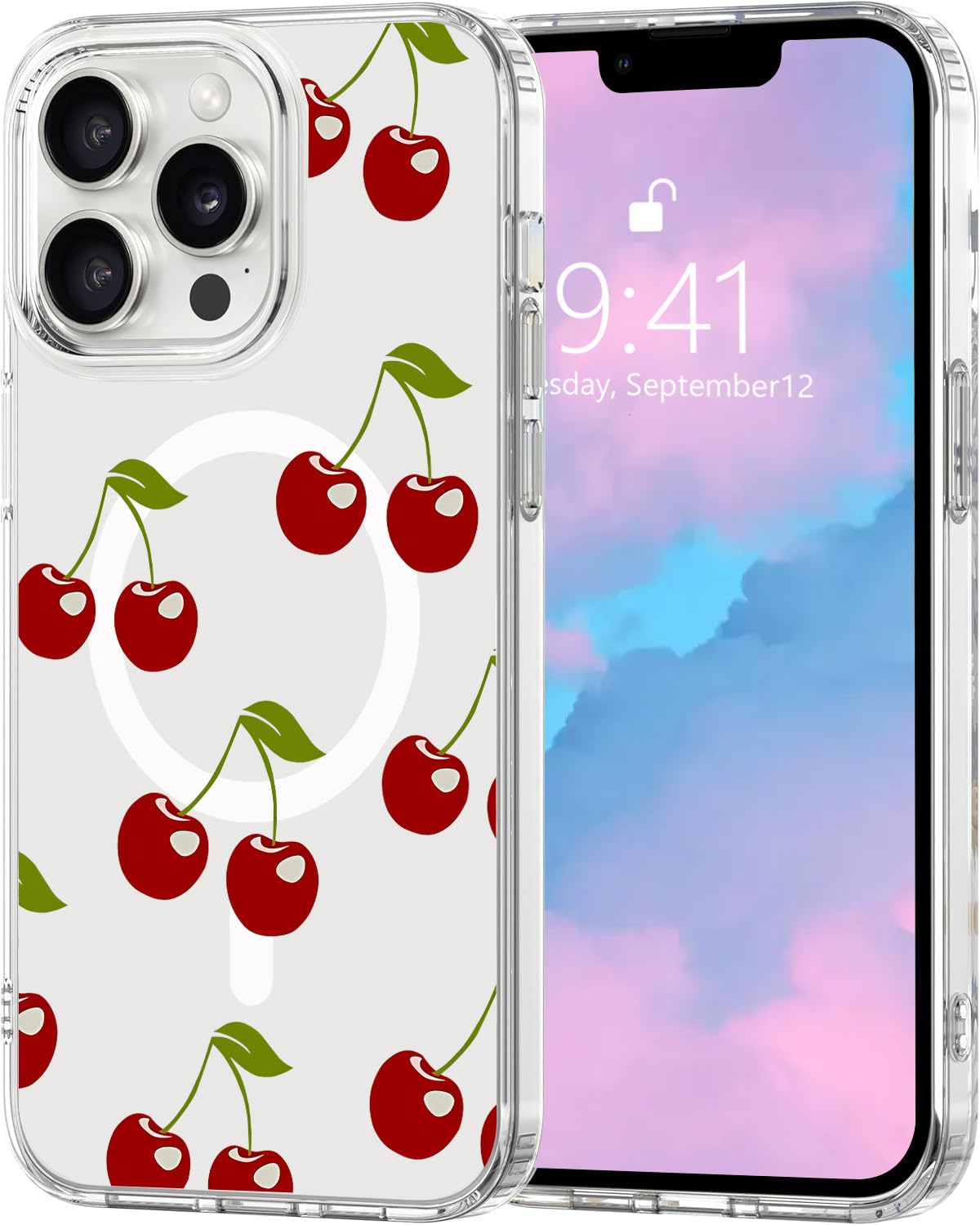 Houdqklee for iPhone 15 Plus Case, Cute Girly Cherry-C Magnetic Phone Case Compatible with MagSafe, Clear Soft Slim Fit Shockproof Protective Case for