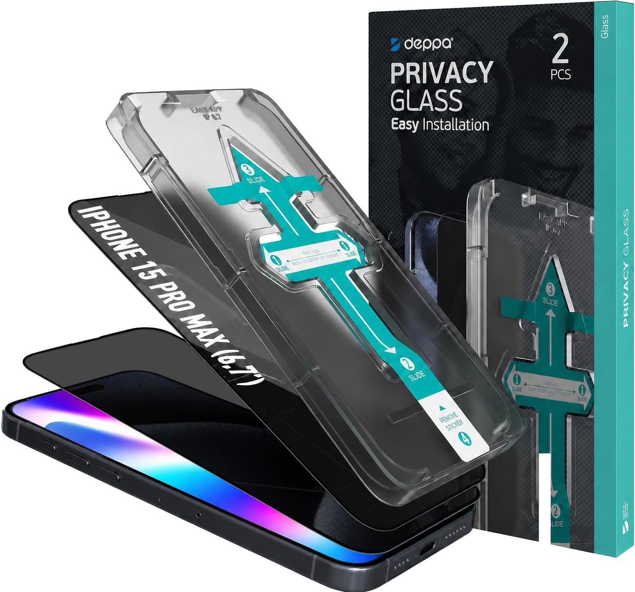 Deppa |2 Piezas| Privacidad Protector de Pantalla Para iPhone 15 Pro Max (6.7') | Cristal Templado Antiespia con Kit de Instalación Fácil, Antiarañazos, Cobertura Completa