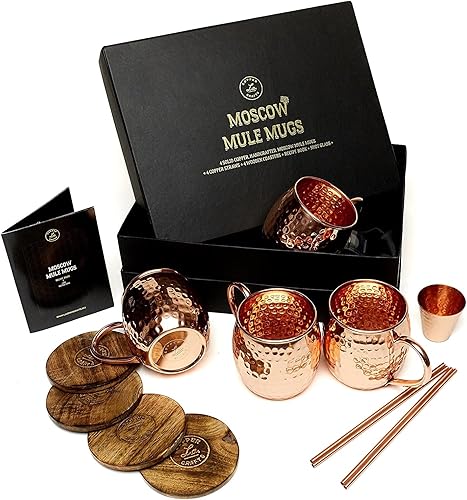Moscow Mule tazas Set 4Authentic Handcrafted tazas de cobre 16oz Cada uno con 2onzas Shot vidrio 4pajitas mango madera Posavasos y libro de recetas