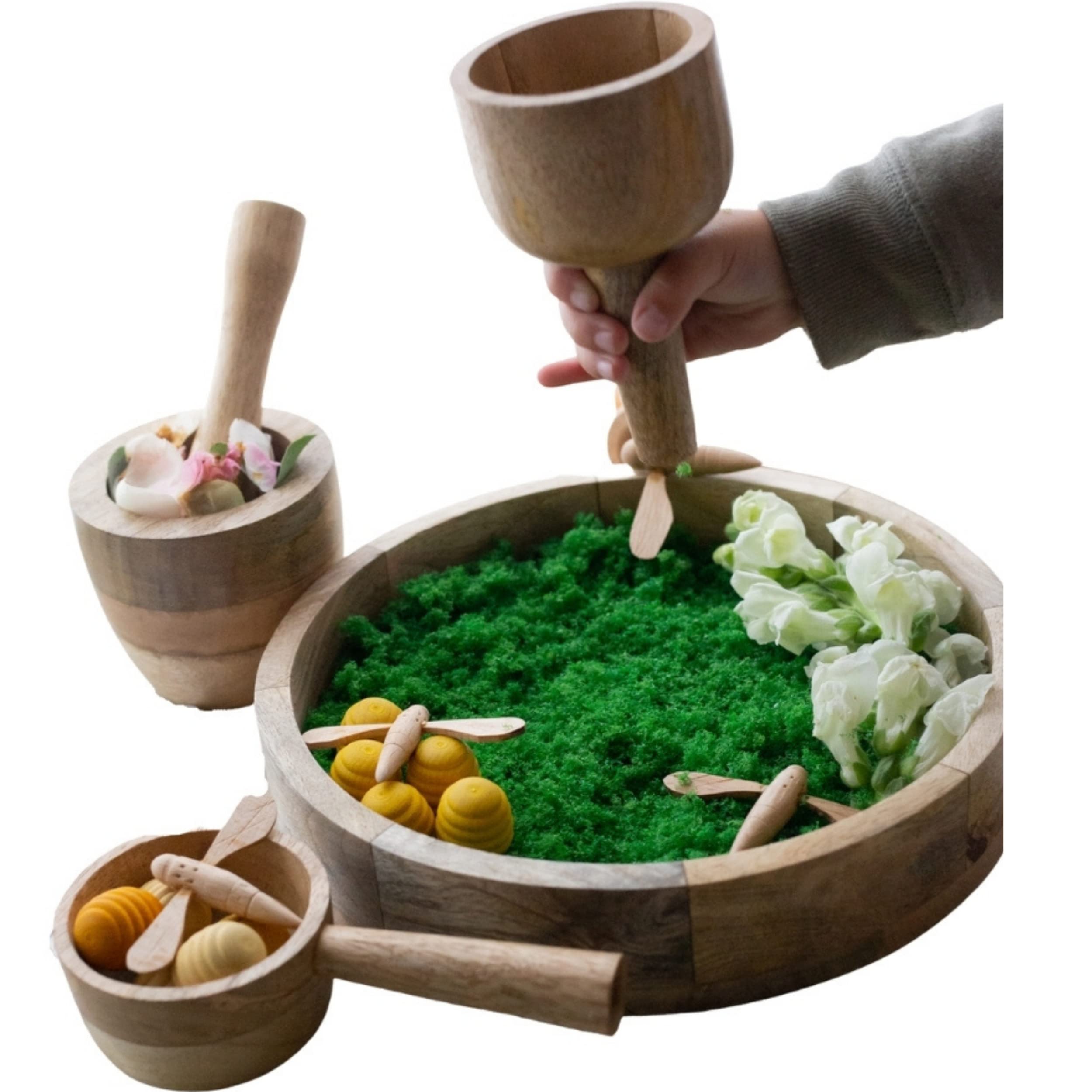 Round Sensory Tray + 4 Wooden Sensory Bin Tools, Montessori Pouring Set, Waldorf Toys, Sensory Bins for Toddlers 3-4, Sand Tray, Montessori Tray, Sensory Trays, Wooden Scoop, Tactile Toys.